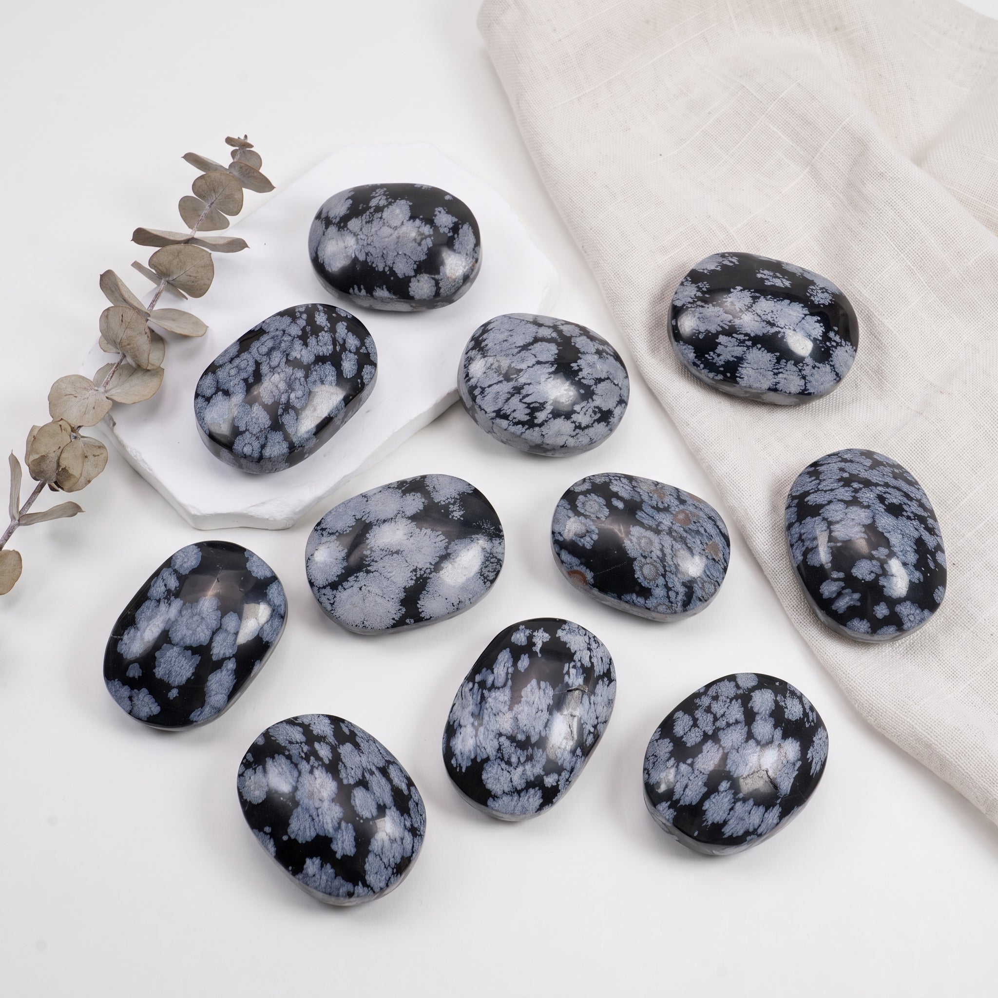 Snowflake Obsidian Palm Stone | Natural Polished Snowflake Obsidian Tumbled Pocket Stone For Meditation & Home Decor