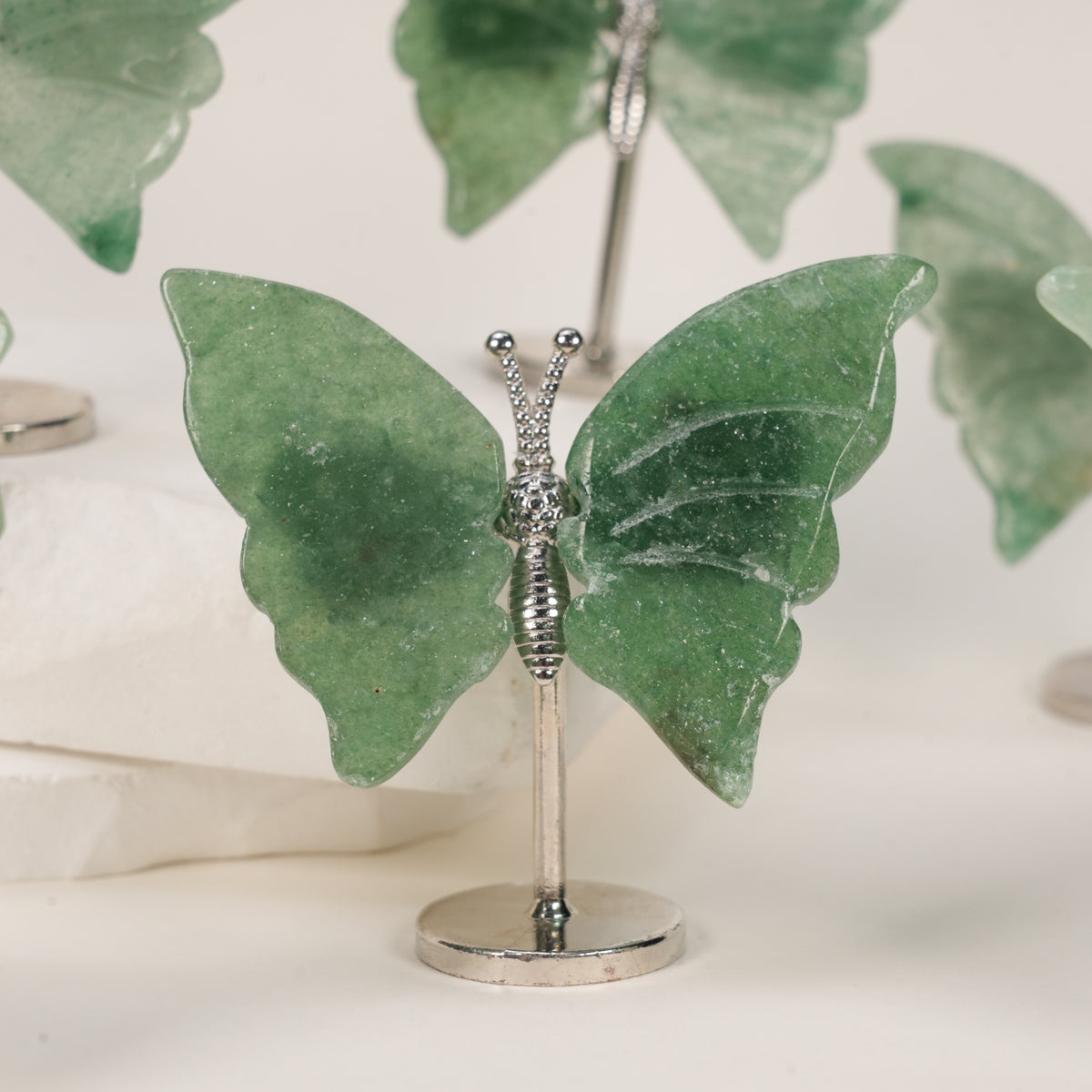 Natural Green Aventurine Butterfly Crystal Carving with Metal Stand, Decorative Crystal Ornament