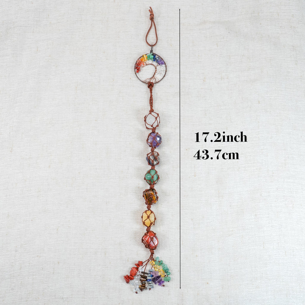 7 Chakra Tree of Life Car Hanging Ornament, Natural Raw Crystal Stones Chakra Wall Hanger, Rainbow Healing Crystal Rear View Mirror Charm for Home & Auto Decor