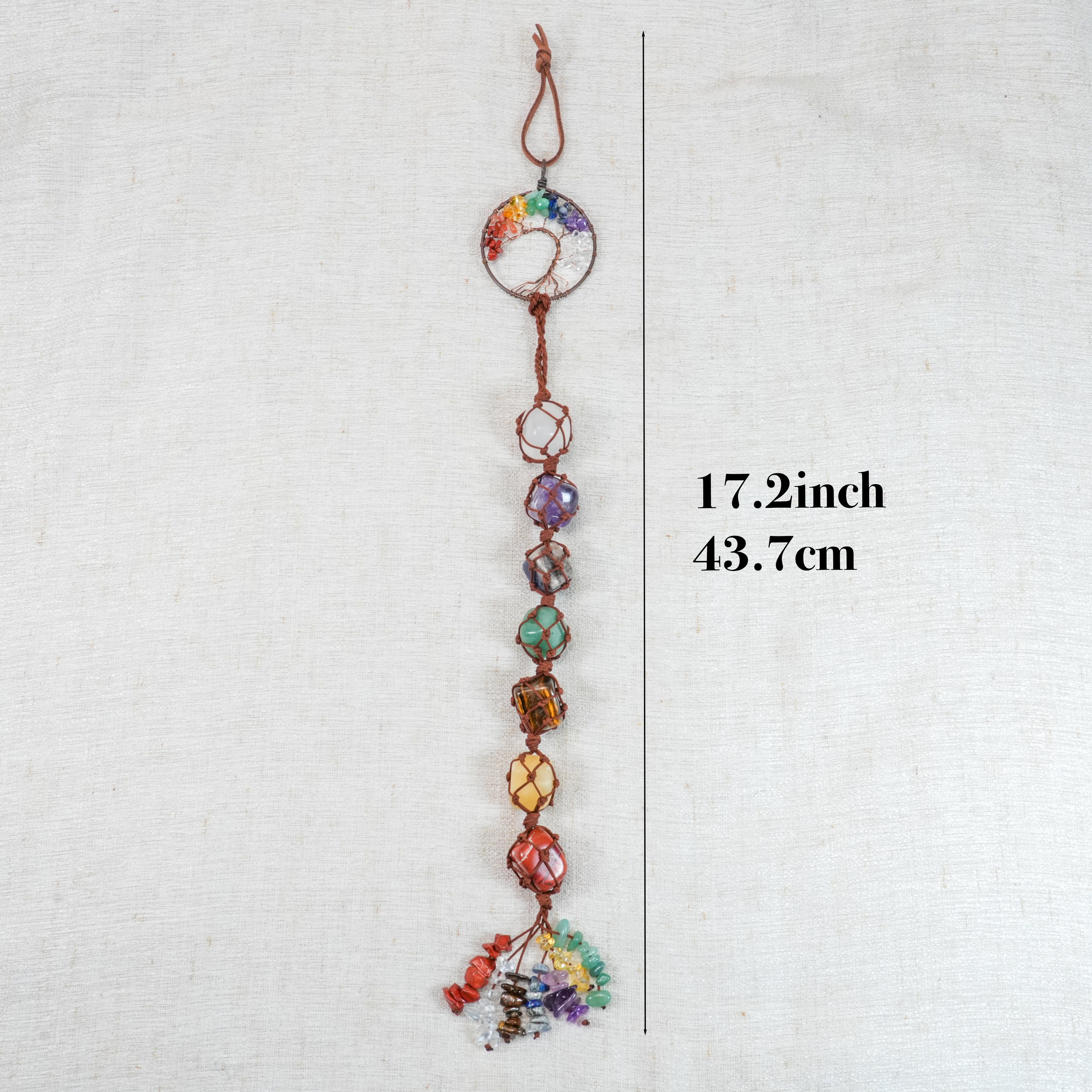 7 Chakra Tree of Life Car Hanging Ornament, Natural Raw Crystal Stones Chakra Wall Hanger, Rainbow Healing Crystal Rear View Mirror Charm for Home & Auto Decor