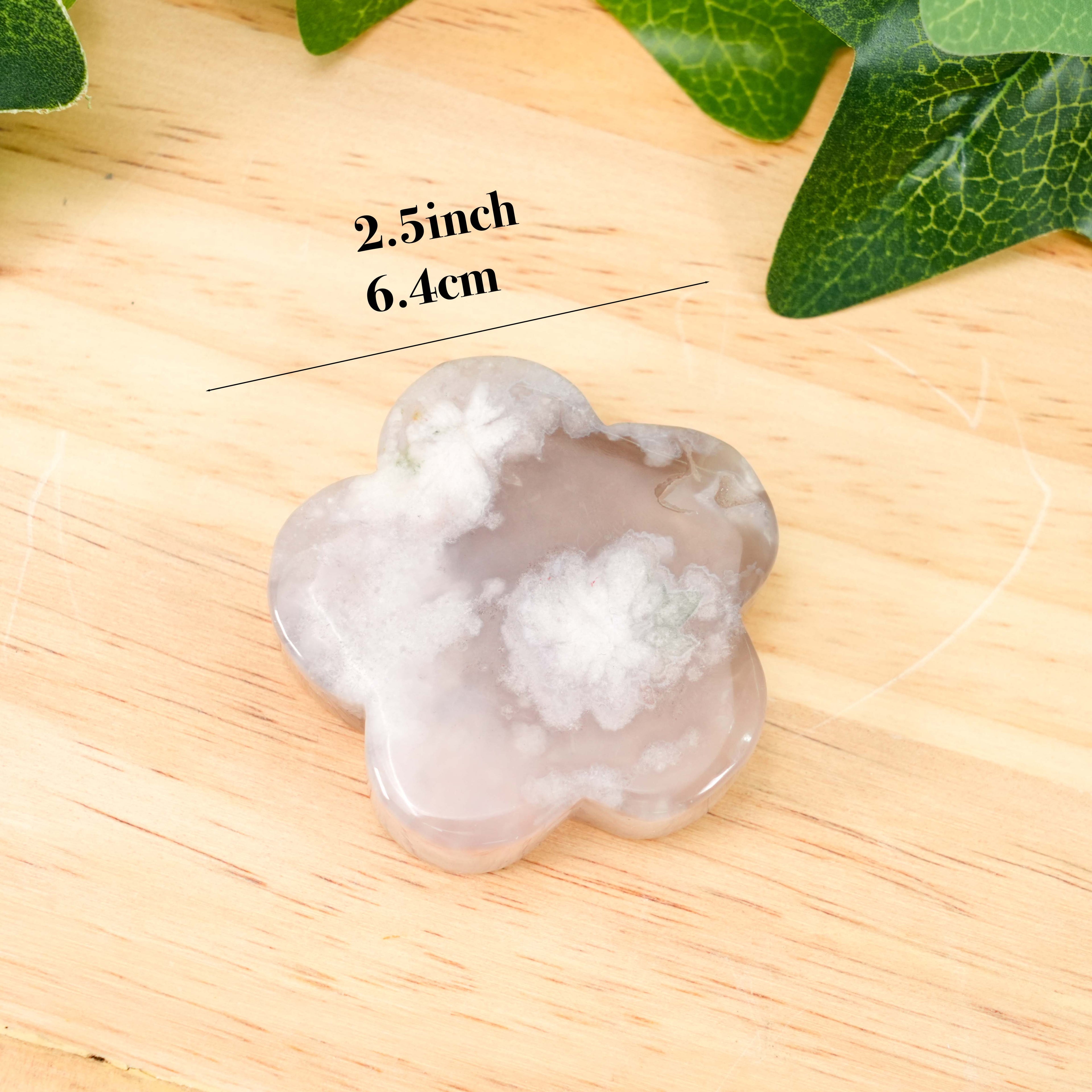 Natural Flower Agate Clover Palm Stone | Cherry Blossom Agate Carved Flower Crystal for Meditation, Healing & Home Decor