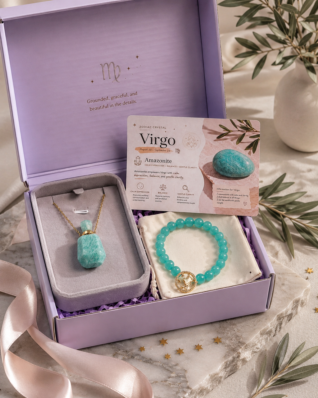 Virgo Zodiac Crystal Gift Set | Amazonite Necklace & Beaded Bracelet Kit, Astrology Birthday Gift for Women