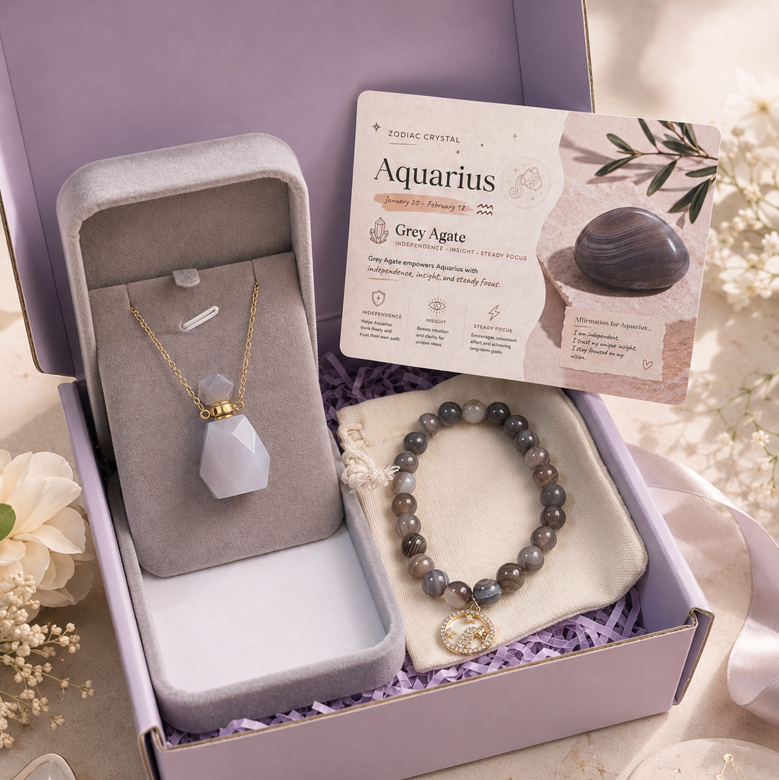 Aquarius Zodiac Crystal Gift Set | Grey Agate Perfume Bottle Pendant Necklace & Beaded Bracelet Kit, Astrology Birthday Gift for Women