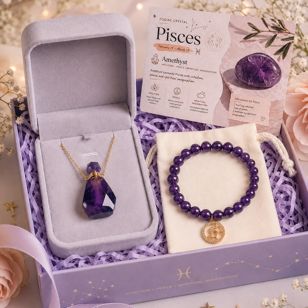 Pisces Zodiac Crystal Gift Set | Amethyst Perfume Bottle Pendant Necklace & Beaded Bracelet Kit, Astrology Birthday Gift for Women