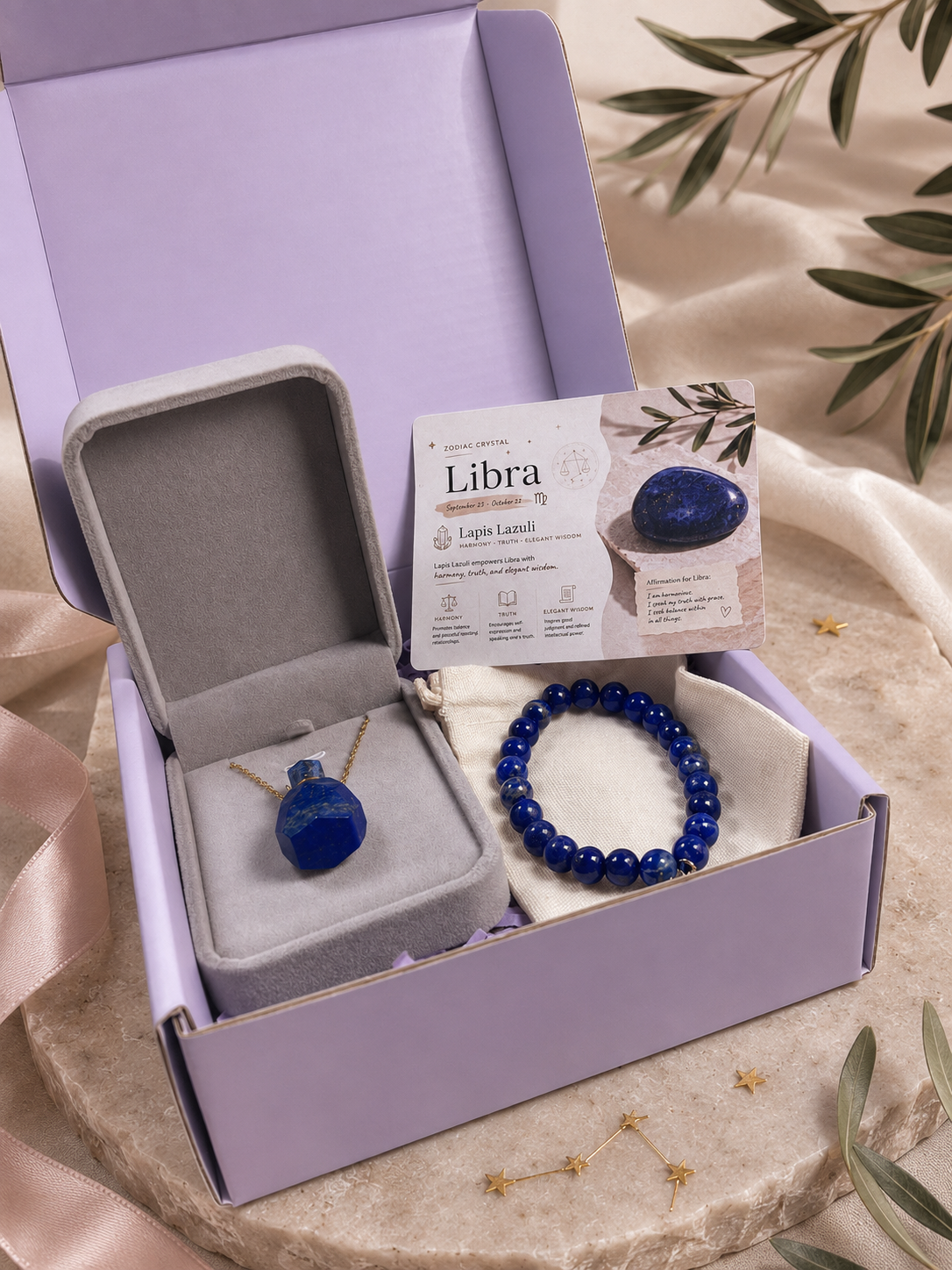 Zodiac Crystal Jewelry Gift Set | Matching Bracelet & Perfume Bottle Necklace, 12 Star Signs Available