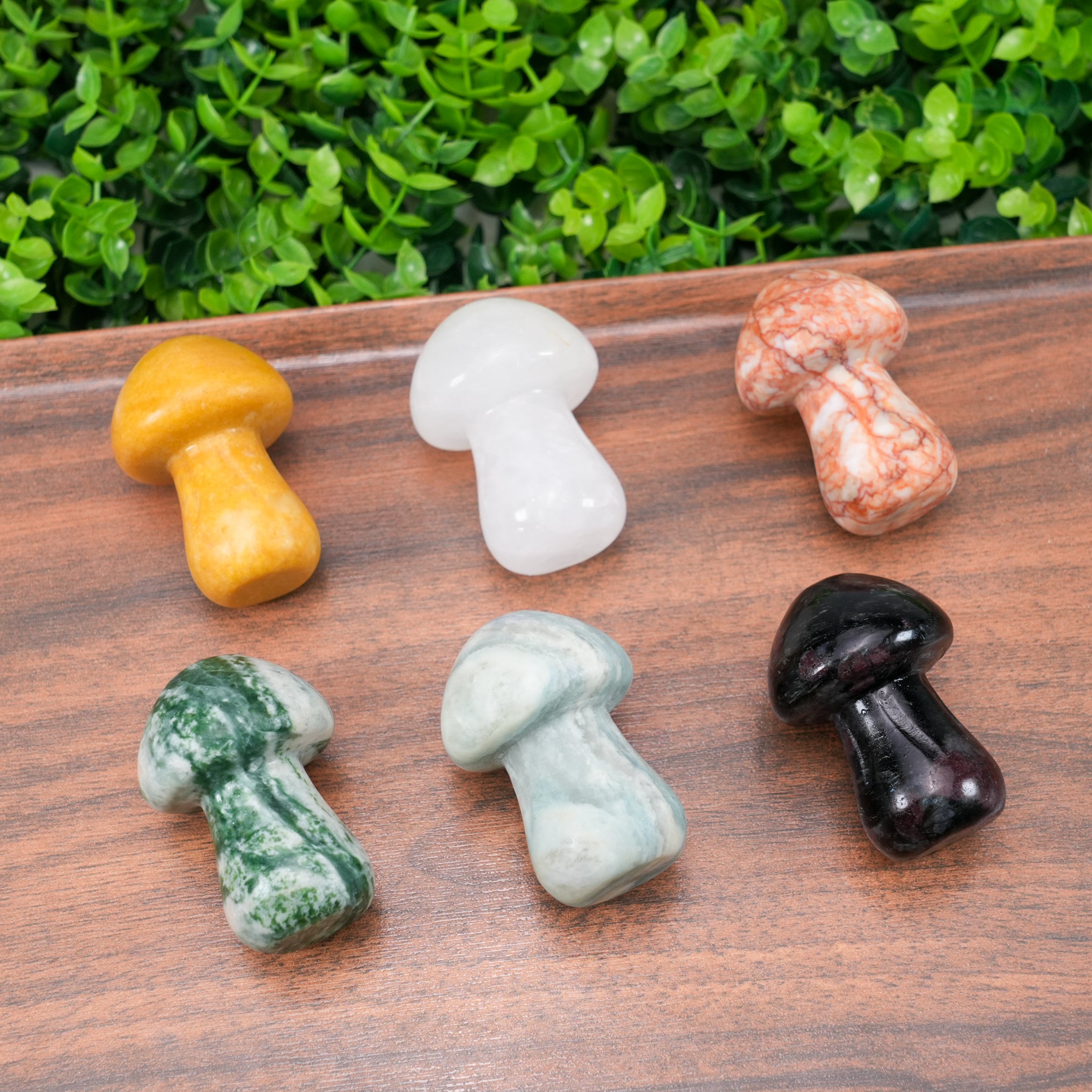 Natural mixed crystal mushroom carvings including amethyst and rose quartz for healing and decor
