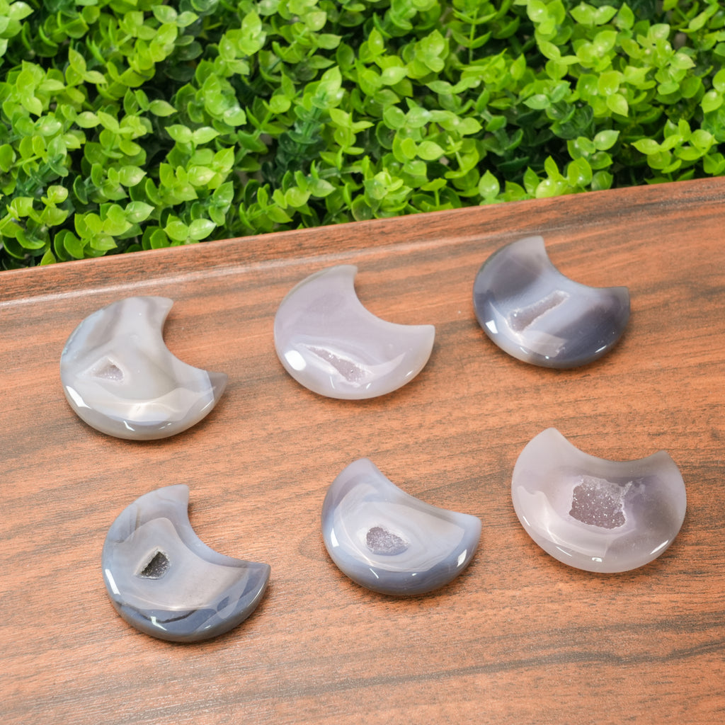 Mini Grey Agate Moon Crystal | Handmade Natural Stone, Pocket Size Healing Crystal & Home Accent