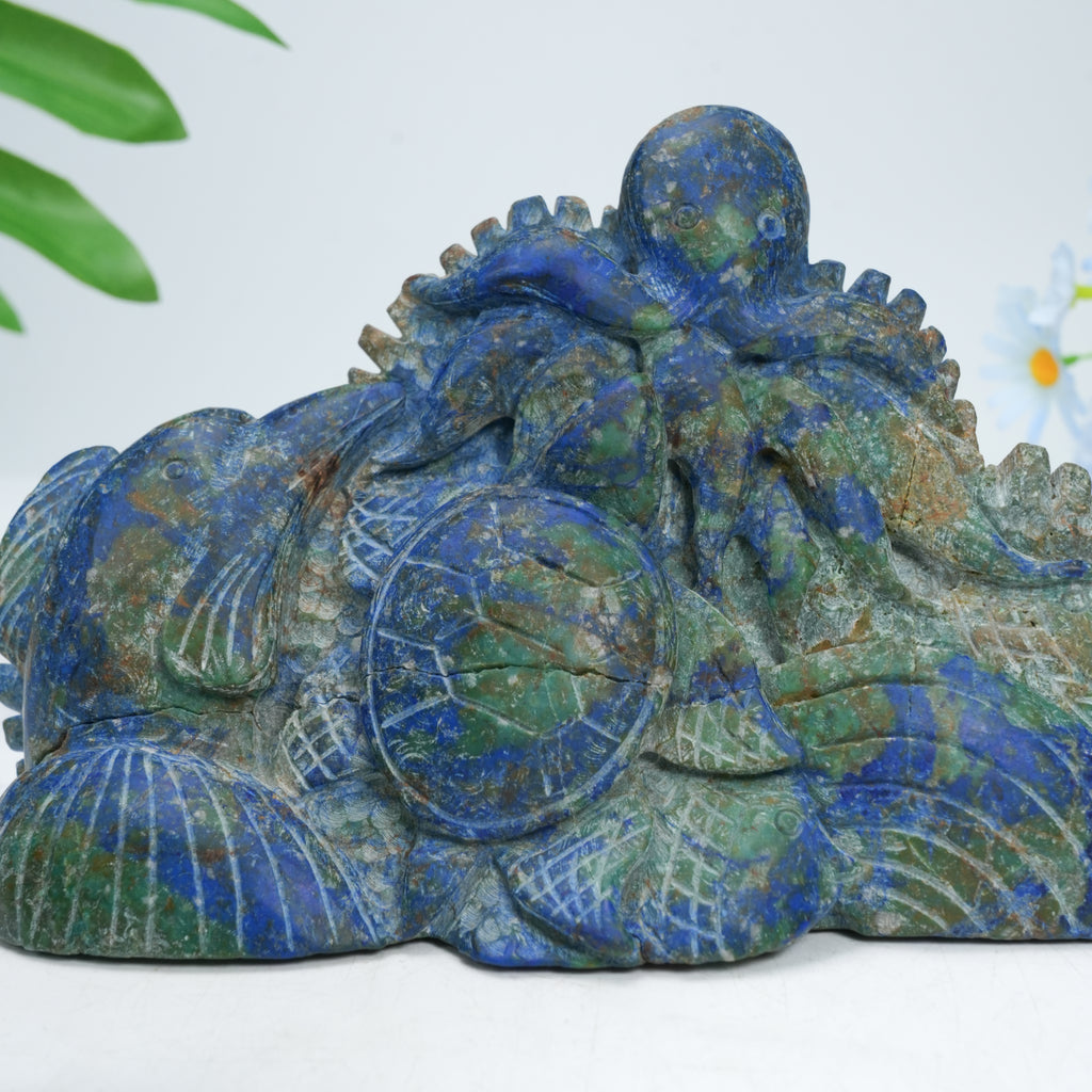 Natural Azurite Malachite Ocean Life Carving, Hand Carved Sea Turtle, Fish & Octopus Crystal Sculpture for Home Decor, Healing & Collection