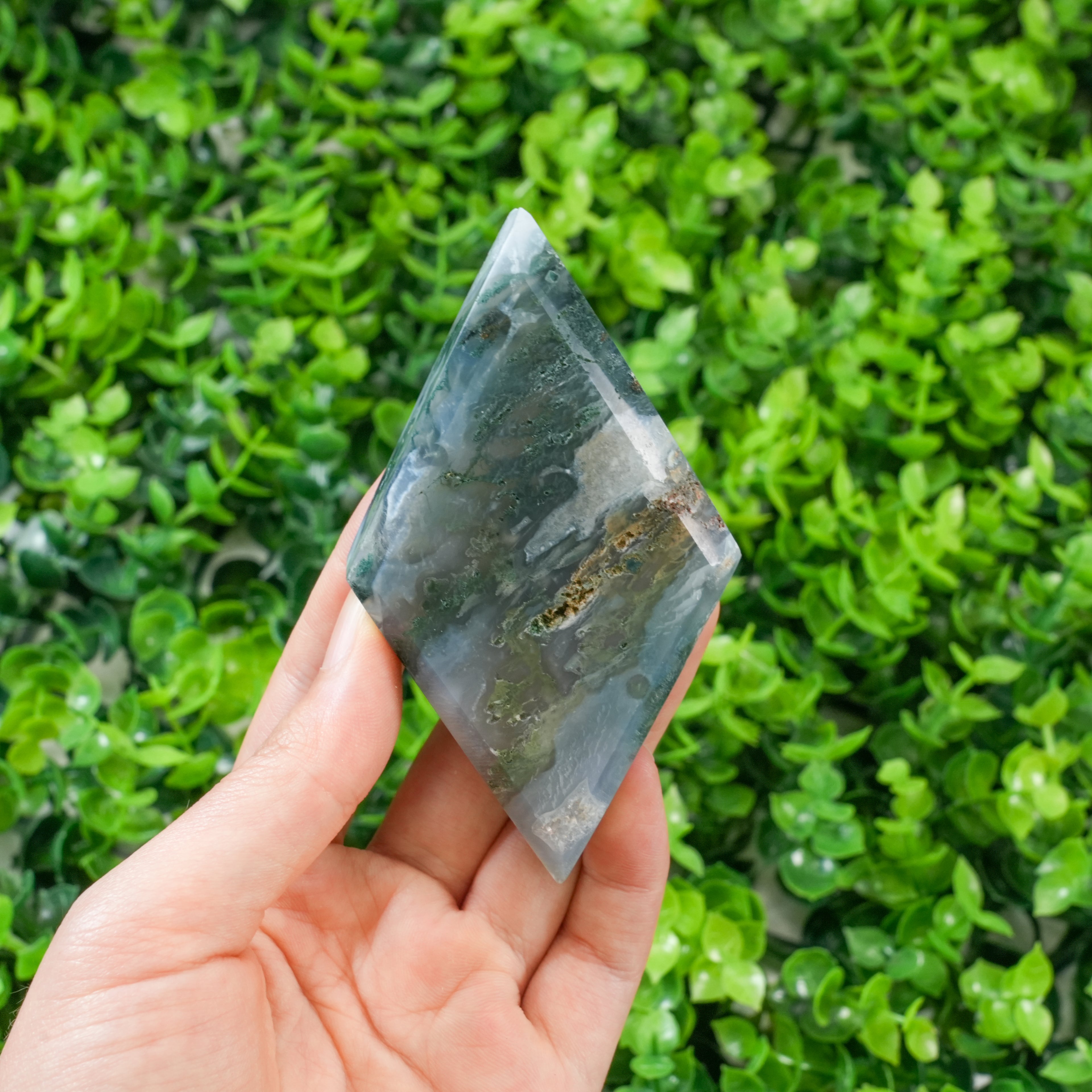 Moss Agate Diamond Crystal Carving | Polished Rhombus Crystal Point for Grounding Energy, Meditation & Boho Home Decor | Unique Spiritual Gift