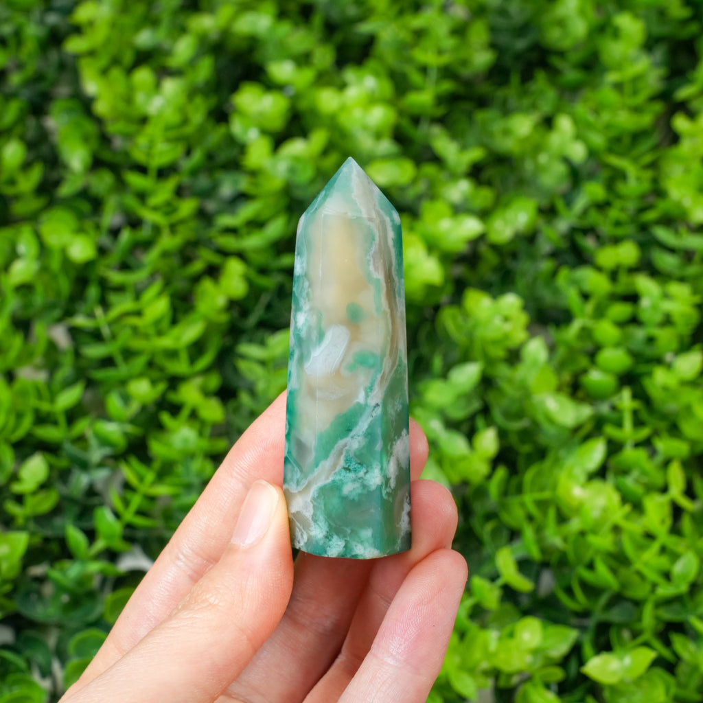 Green Flower Agate Crystal Point Tower, Natural Flower Agate Obelisk for Home Decor & Energy Healing
