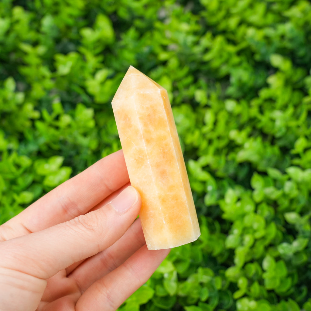 Honey Calcite Tower Point Hand-Polished Gemstone Obelisk for Confidence, Manifestation, and Solar Plexus Healing