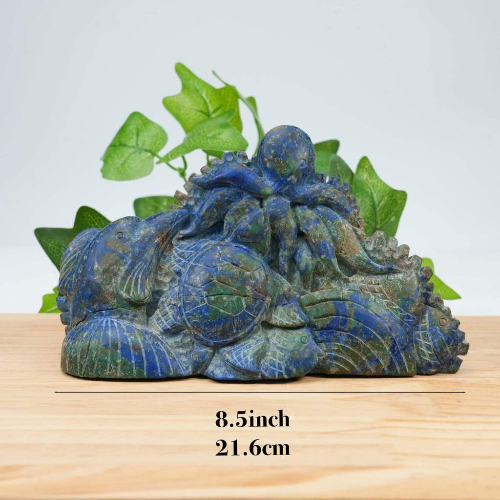 Natural Azurite Malachite Ocean Life Carving, Hand Carved Sea Turtle, Fish & Octopus Crystal Sculpture for Home Decor, Healing & Collection