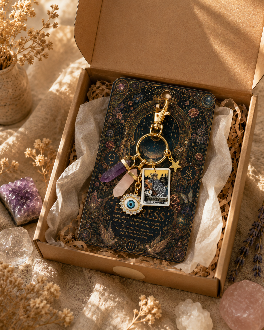 Tarot Crystal Keychain - The Lovers / The Empress / The High Priestess - Rose Quartz Love Charm