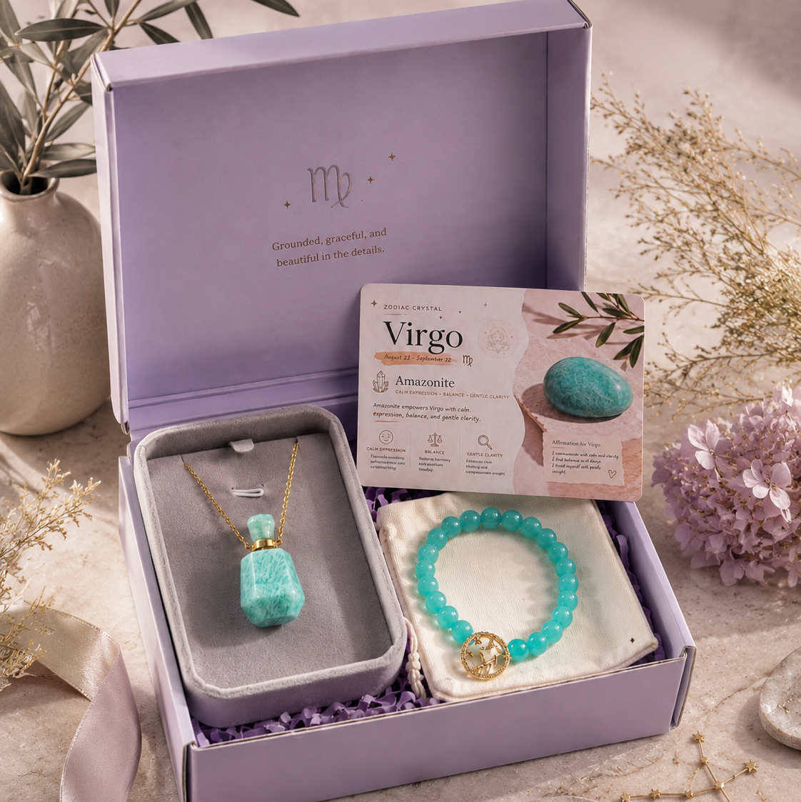 Virgo Zodiac Crystal Gift Set | Amazonite Necklace & Beaded Bracelet Kit, Astrology Birthday Gift for Women