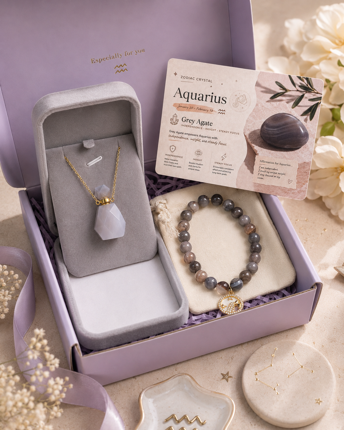 Aquarius Zodiac Crystal Gift Set | Grey Agate Perfume Bottle Pendant Necklace & Beaded Bracelet Kit, Astrology Birthday Gift for Women