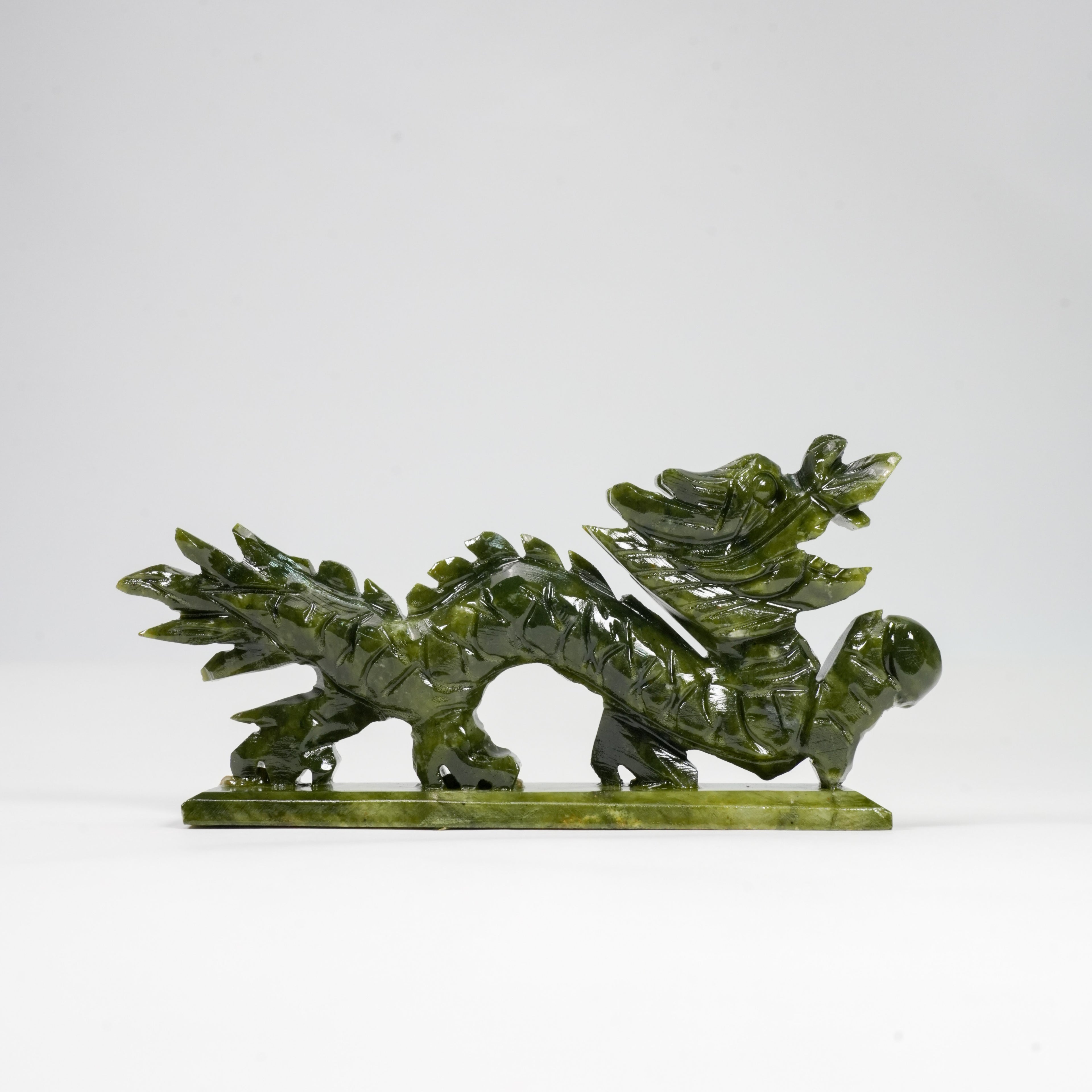Natural Green Jade Dragon Statue with Base, 7.4 Inch Hand Carved Chinese Feng Shui Dragon Ornament, Real Jade Dragon Holding Pearl Sculpture for Home Office Wealth Luck Decor