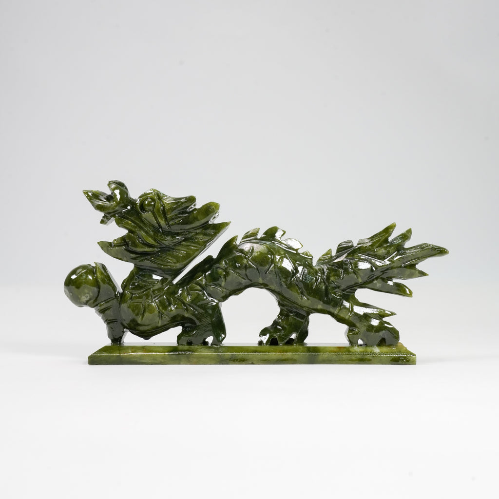 Natural Green Jade Dragon Statue with Base, 7.4 Inch Hand Carved Chinese Feng Shui Dragon Ornament, Real Jade Dragon Holding Pearl Sculpture for Home Office Wealth Luck Decor