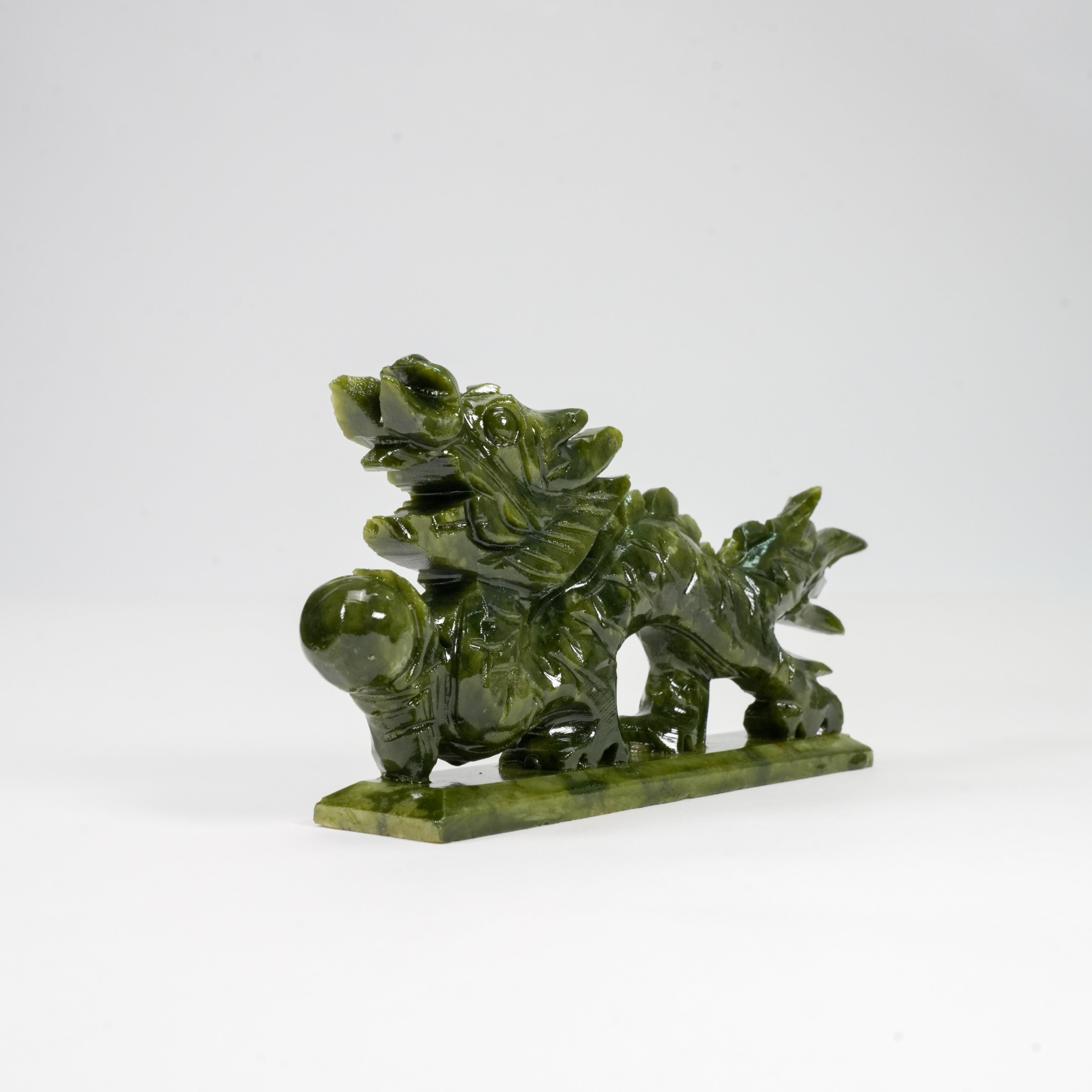 Natural Green Jade Dragon Statue with Base, 7.4 Inch Hand Carved Chinese Feng Shui Dragon Ornament, Real Jade Dragon Holding Pearl Sculpture for Home Office Wealth Luck Decor