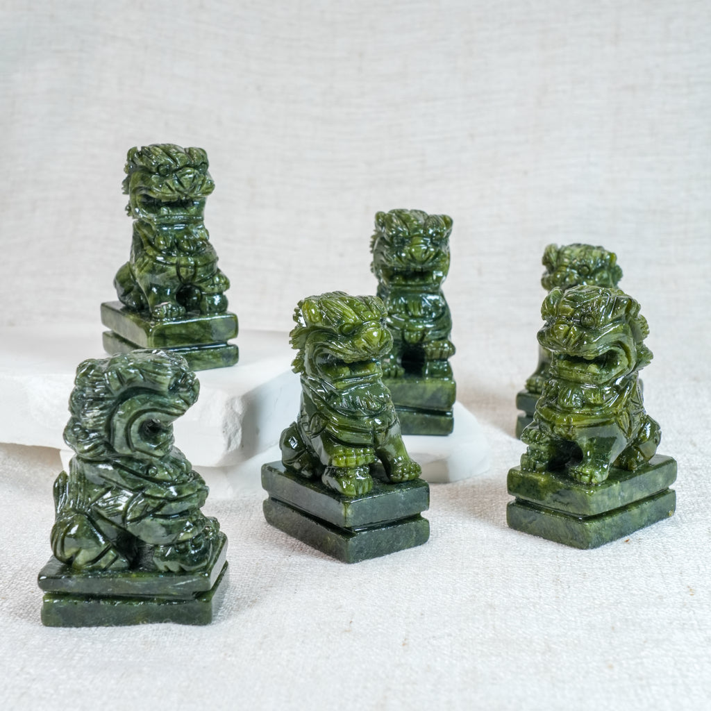 Pair Natural Xiuyu Jade Fu Foo Dog Statues, Chinese Guardian Lion Stone Carving Set, Auspicious Green Jade Lion Figurines Home Decor Ornament