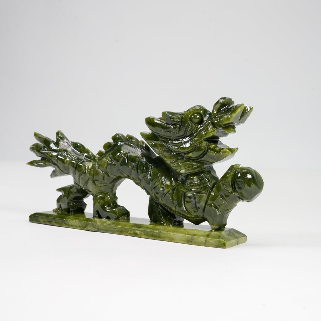 Natural Green Jade Dragon Statue with Base, 7.4 Inch Hand Carved Chinese Feng Shui Dragon Ornament, Real Jade Dragon Holding Pearl Sculpture for Home Office Wealth Luck Decor