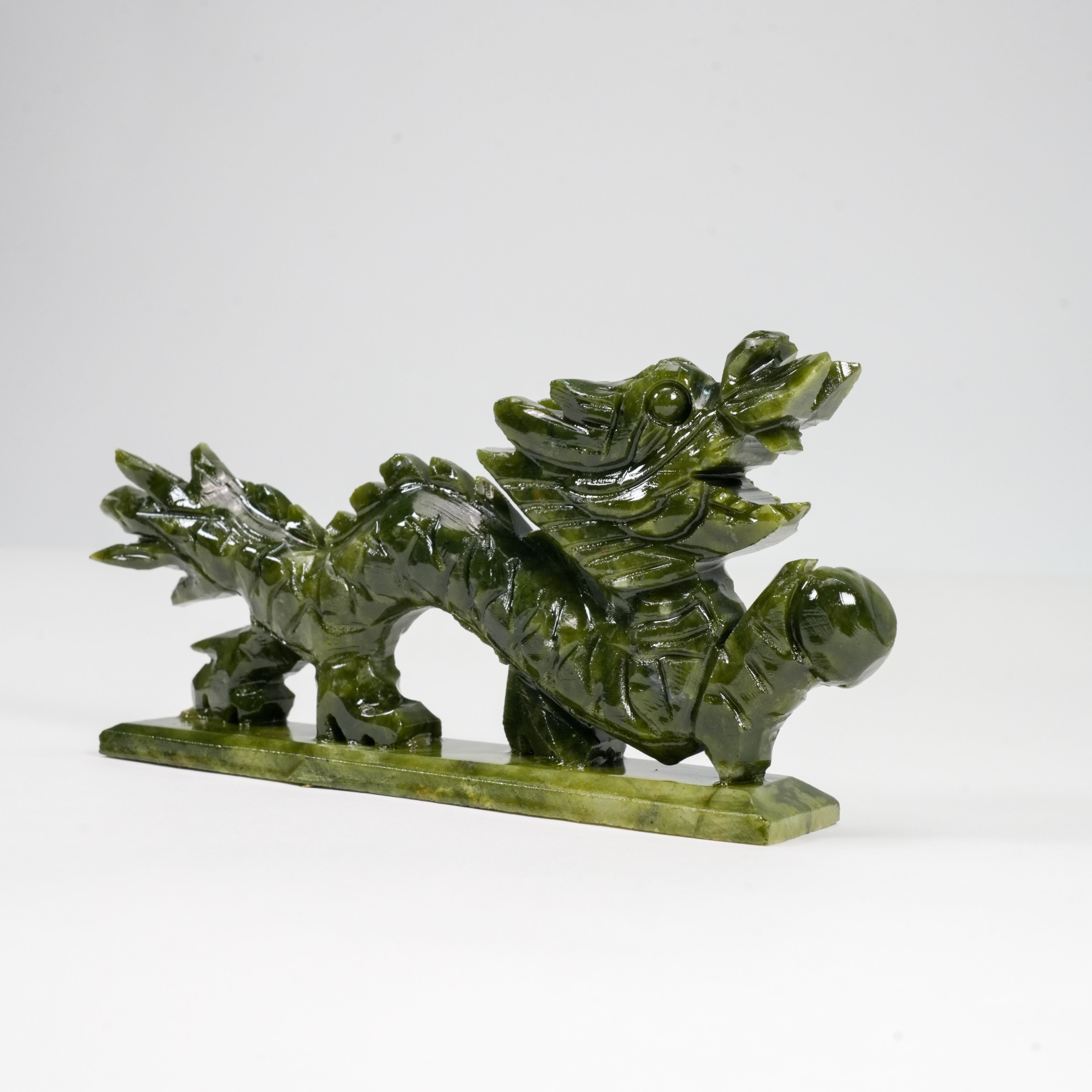 Natural Green Jade Dragon Statue with Base, 7.4 Inch Hand Carved Chinese Feng Shui Dragon Ornament, Real Jade Dragon Holding Pearl Sculpture for Home Office Wealth Luck Decor