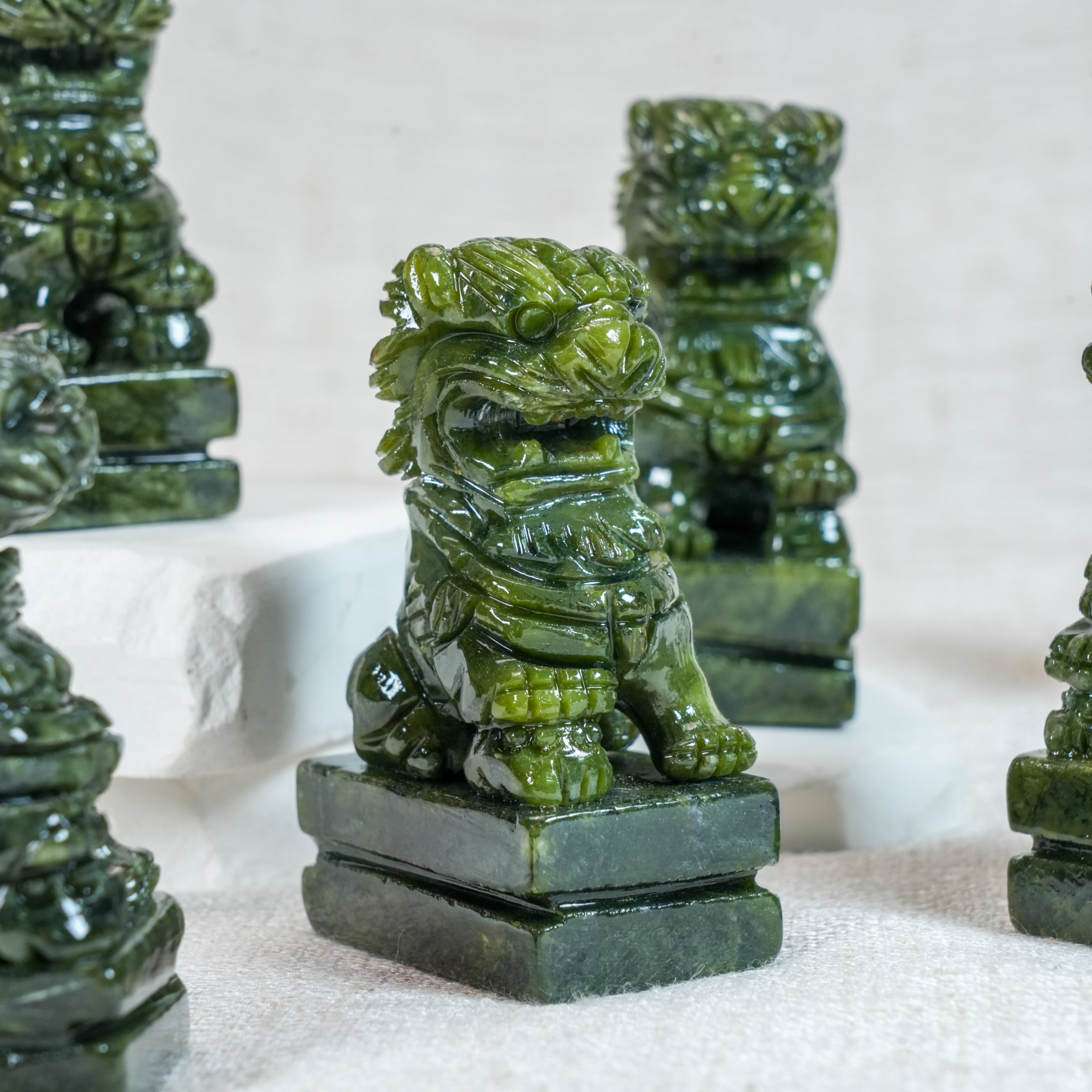 Pair Natural Xiuyu Jade Fu Foo Dog Statues, Chinese Guardian Lion Stone Carving Set, Auspicious Green Jade Lion Figurines Home Decor Ornament