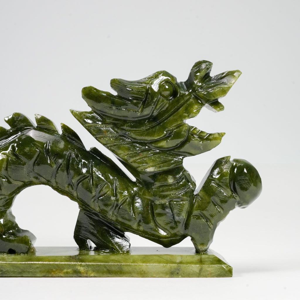 Natural Green Jade Dragon Statue with Base, 7.4 Inch Hand Carved Chinese Feng Shui Dragon Ornament, Real Jade Dragon Holding Pearl Sculpture for Home Office Wealth Luck Decor