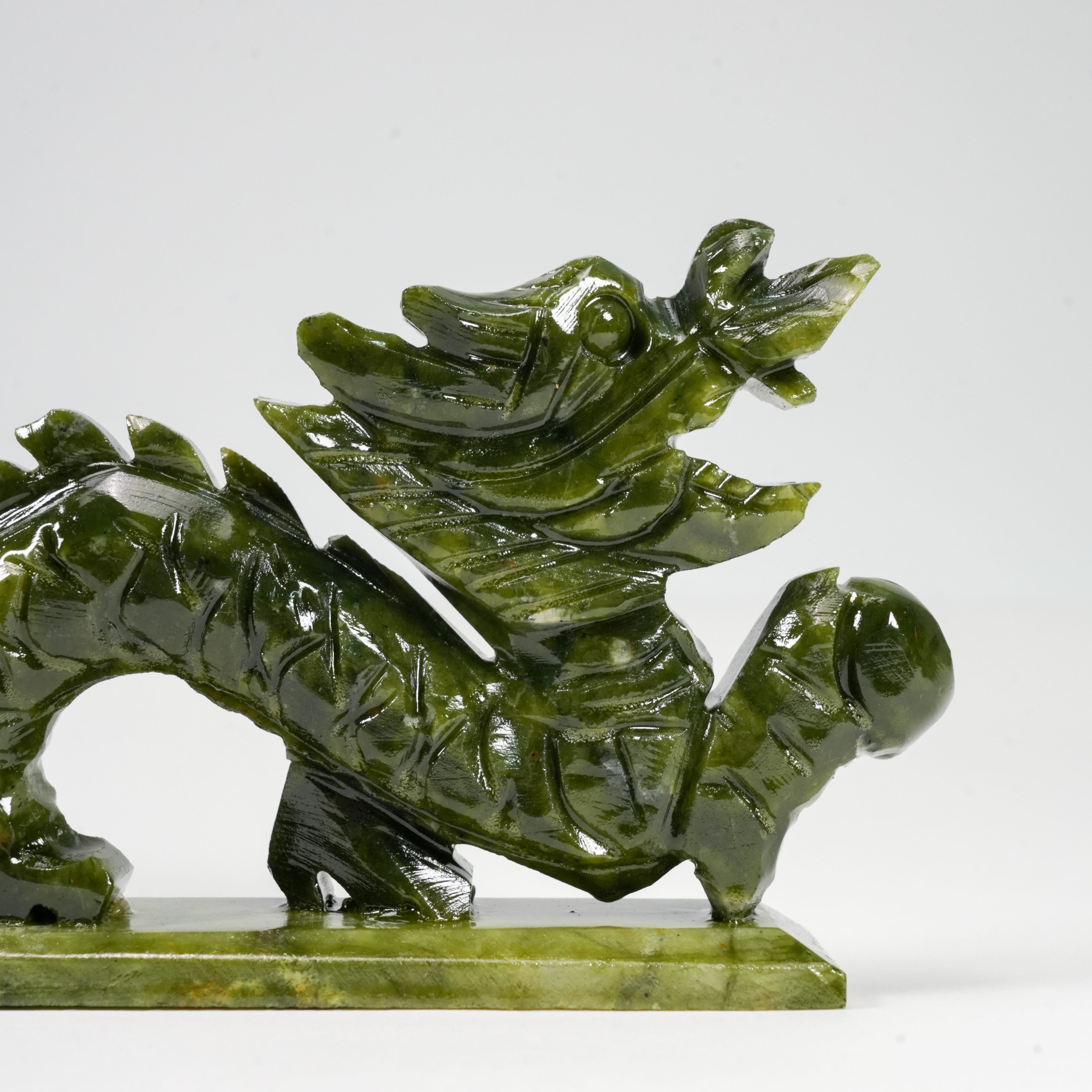 Natural Green Jade Dragon Statue with Base, 7.4 Inch Hand Carved Chinese Feng Shui Dragon Ornament, Real Jade Dragon Holding Pearl Sculpture for Home Office Wealth Luck Decor