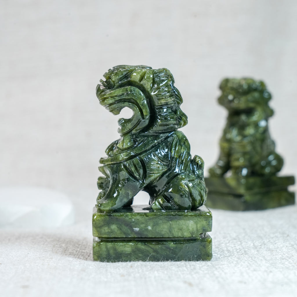 Pair Natural Xiuyu Jade Fu Foo Dog Statues, Chinese Guardian Lion Stone Carving Set, Auspicious Green Jade Lion Figurines Home Decor Ornament