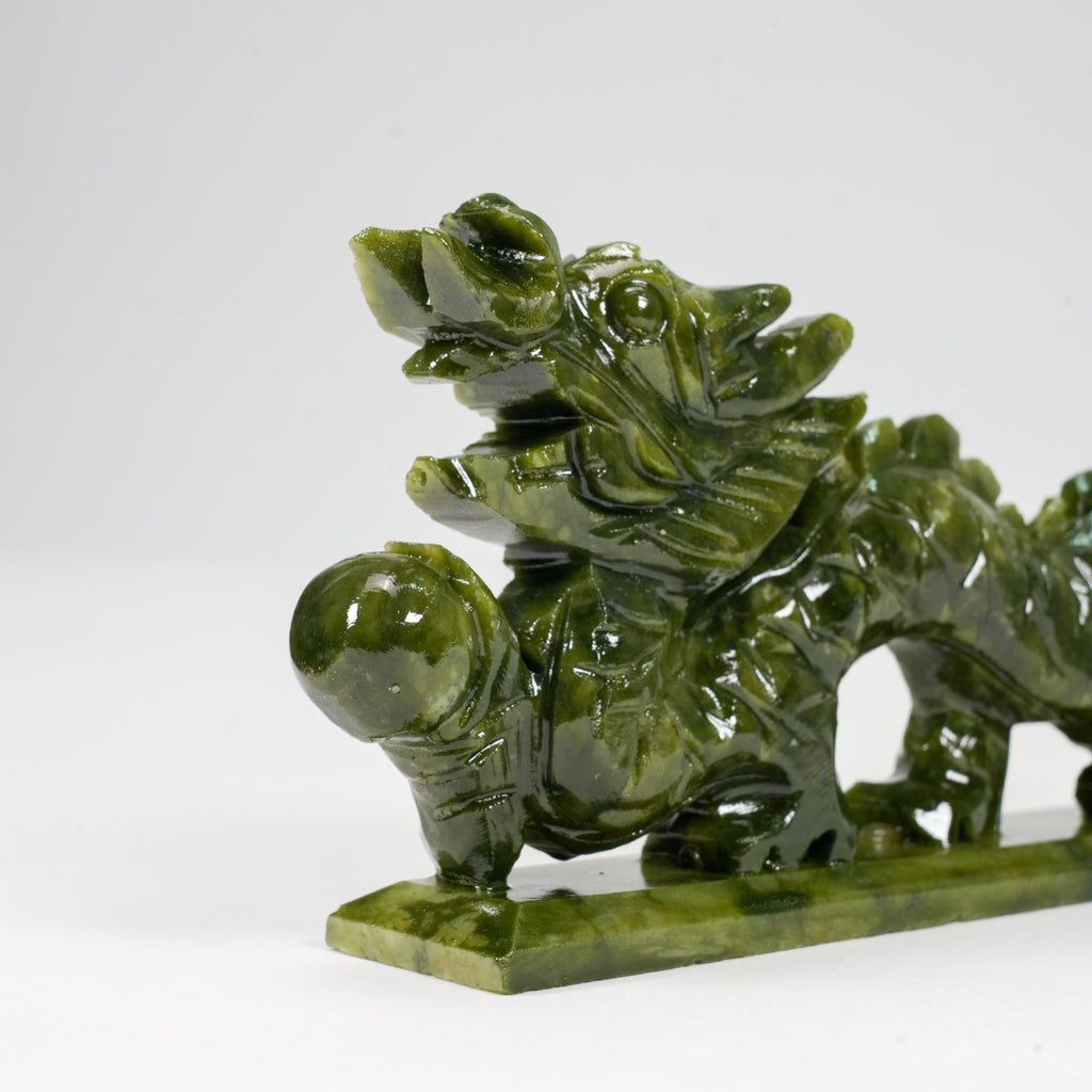 Natural Green Jade Dragon Statue with Base, 7.4 Inch Hand Carved Chinese Feng Shui Dragon Ornament, Real Jade Dragon Holding Pearl Sculpture for Home Office Wealth Luck Decor