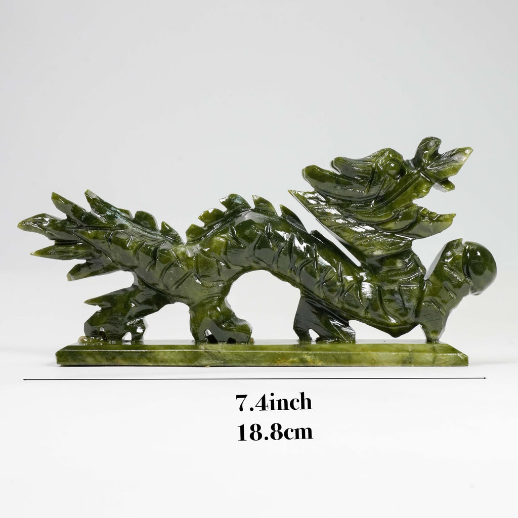 Natural Green Jade Dragon Statue with Base, 7.4 Inch Hand Carved Chinese Feng Shui Dragon Ornament, Real Jade Dragon Holding Pearl Sculpture for Home Office Wealth Luck Decor