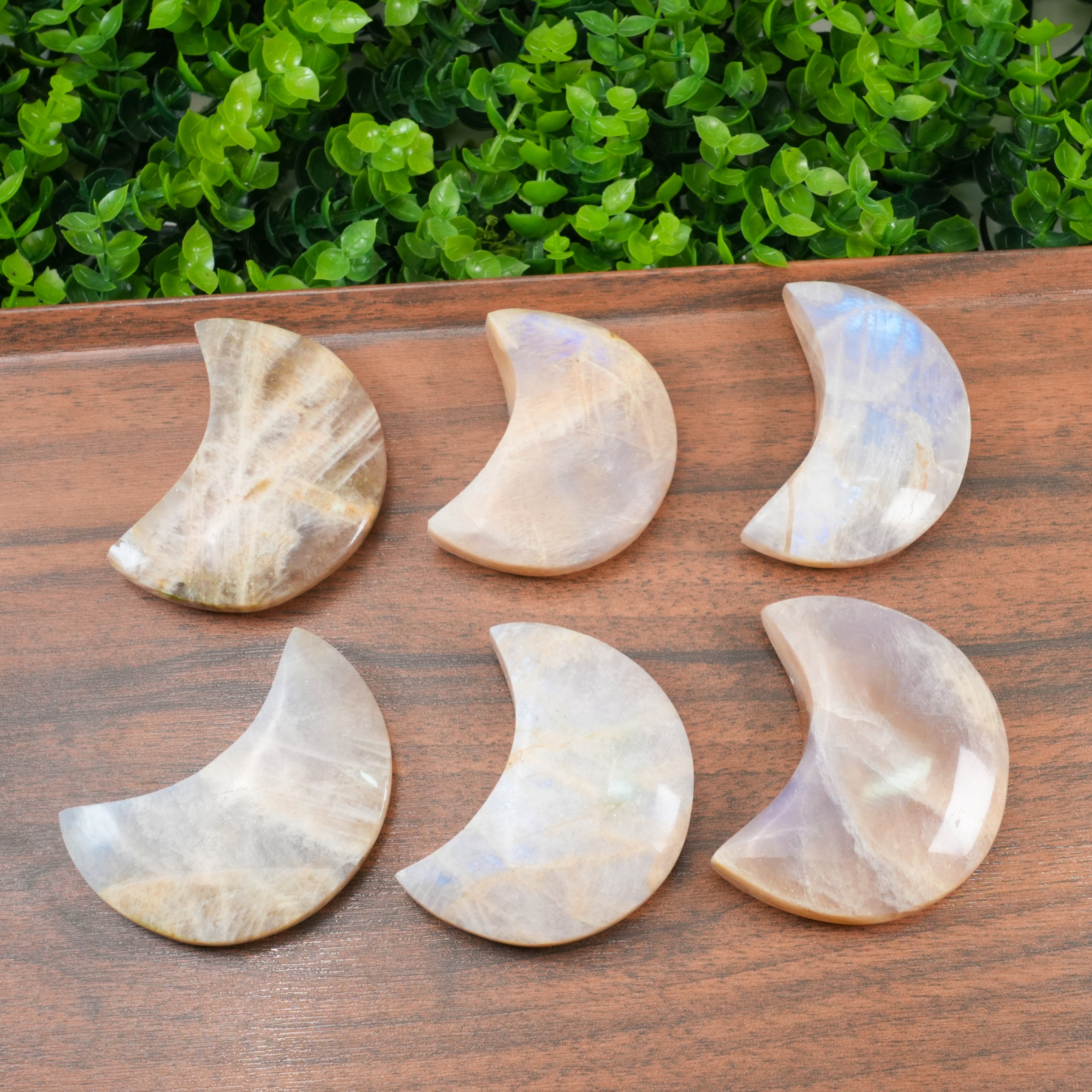 Blue Flash Moonstone Crescent Moon Carving, Polished Moon Crystal Slice for Spiritual Decor & Energy Healing