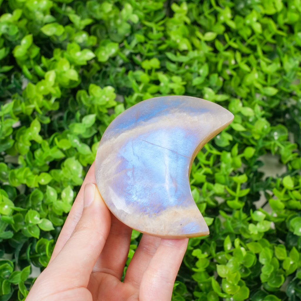 Blue Flash Moonstone Crescent Moon Carving, Polished Moon Crystal Slice for Spiritual Decor & Energy Healing