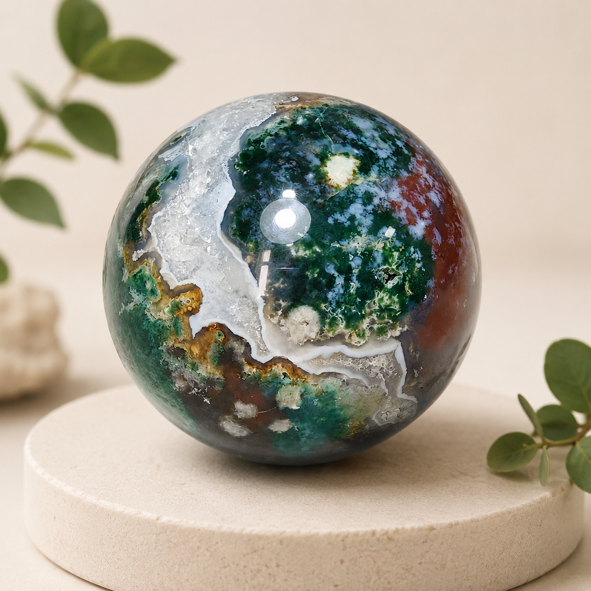 Natural Moss Agate Sphere 6‑7cm, Polished Green Moss Agate Crystal Ball for Home Decor, Meditation & Crystal Collection