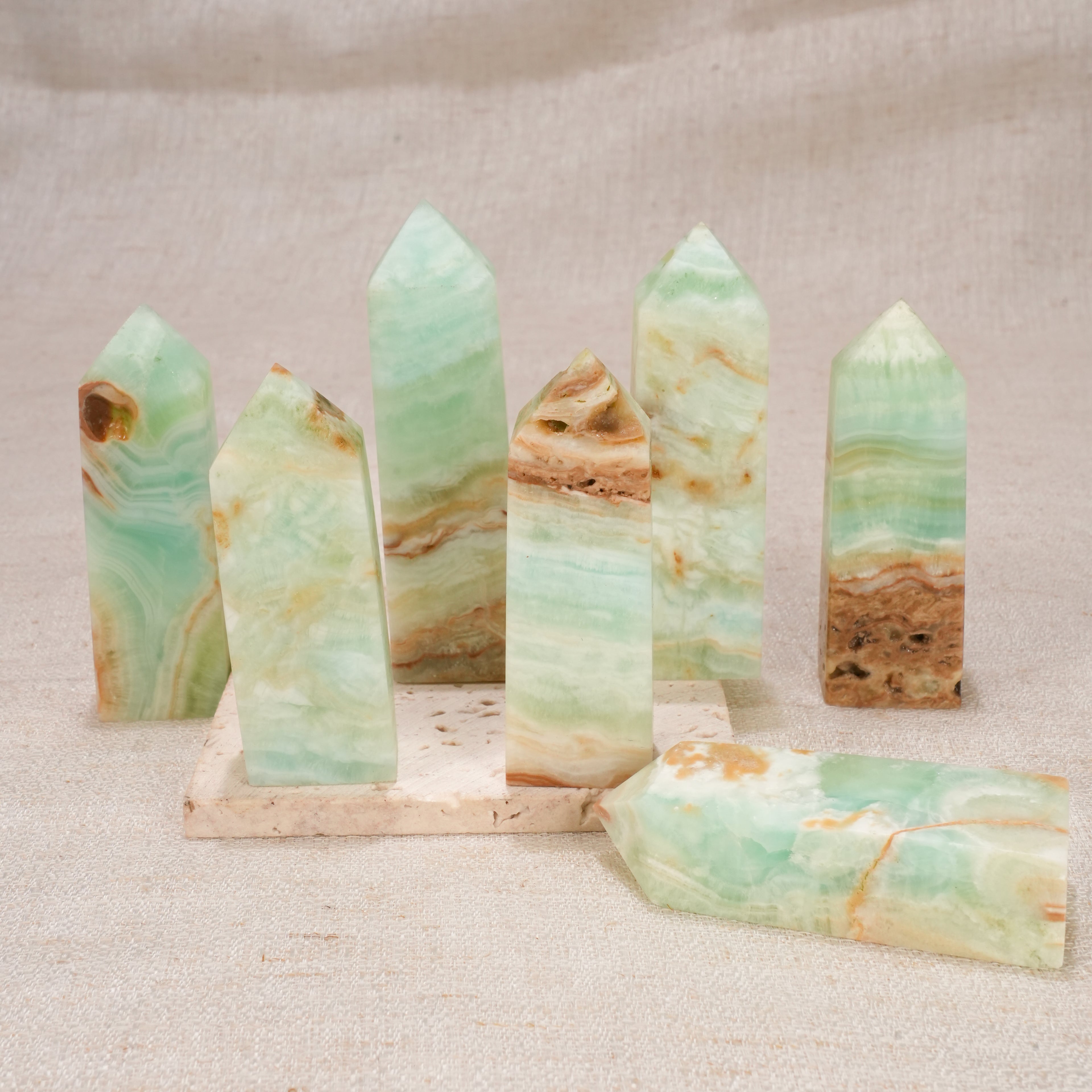 Natural Caribbean Calcite Obelisk Tower, Banded Green Calcite Crystal Point Wand for Home Decor, Chakra Healing & Crystal Collection