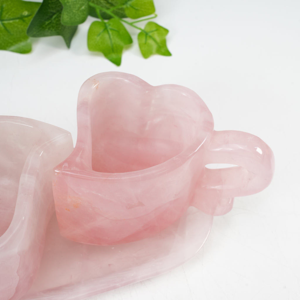 Natural Rose Quartz Heart Shaped Couple Cup Set With Saucer | Hand Carved Healing Crystal Drinkware, Unique Love Gift