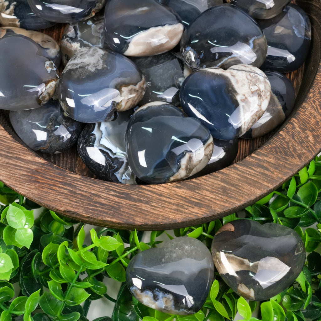 Volcano Agate Heart Crystal | Polished Black Volcanic Agate Palm Stone for Grounding & Protection