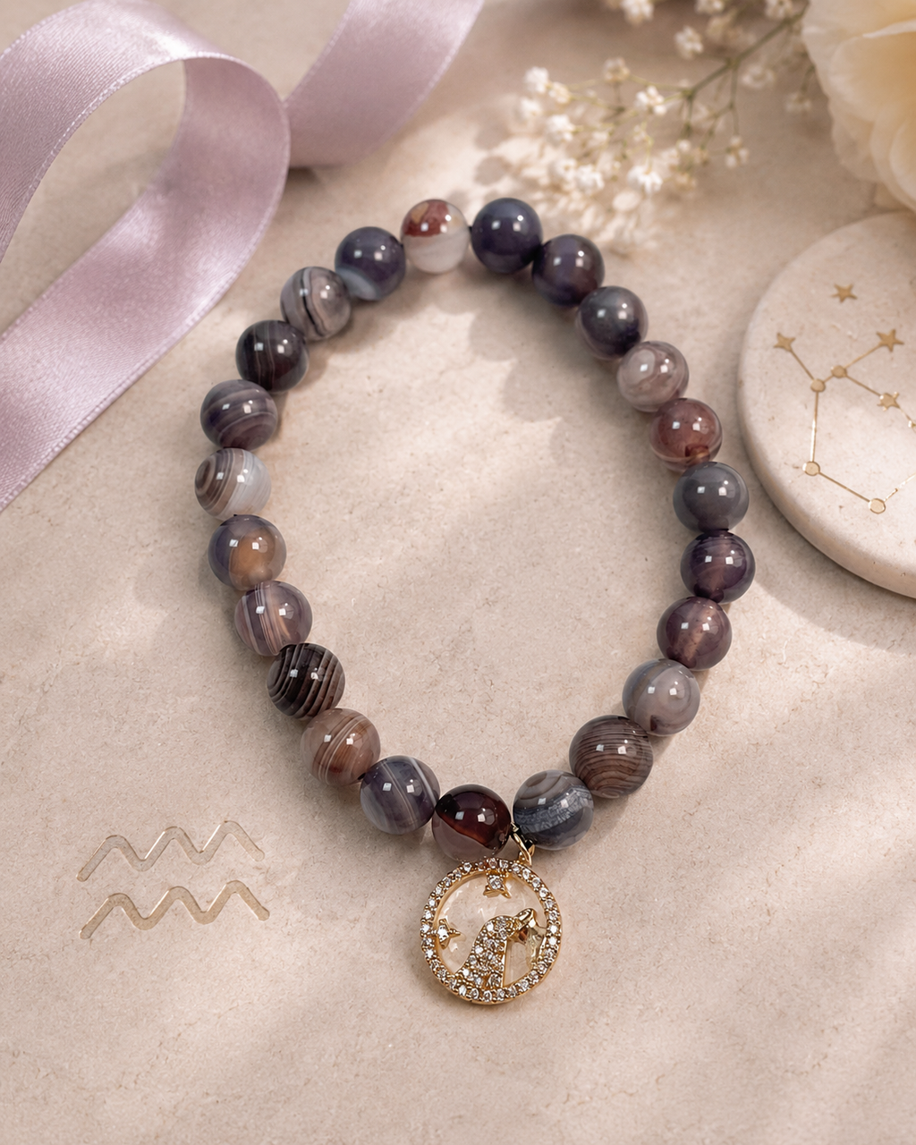 Aquarius Zodiac Crystal Gift Set | Grey Agate Perfume Bottle Pendant Necklace & Beaded Bracelet Kit, Astrology Birthday Gift for Women