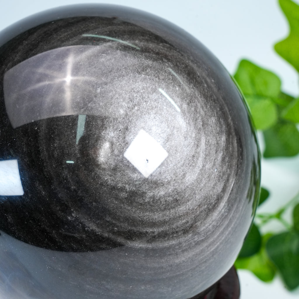 Silver Obsidian Crystal Sphere with Wooden Stand | Healing Crystal for Home Protection