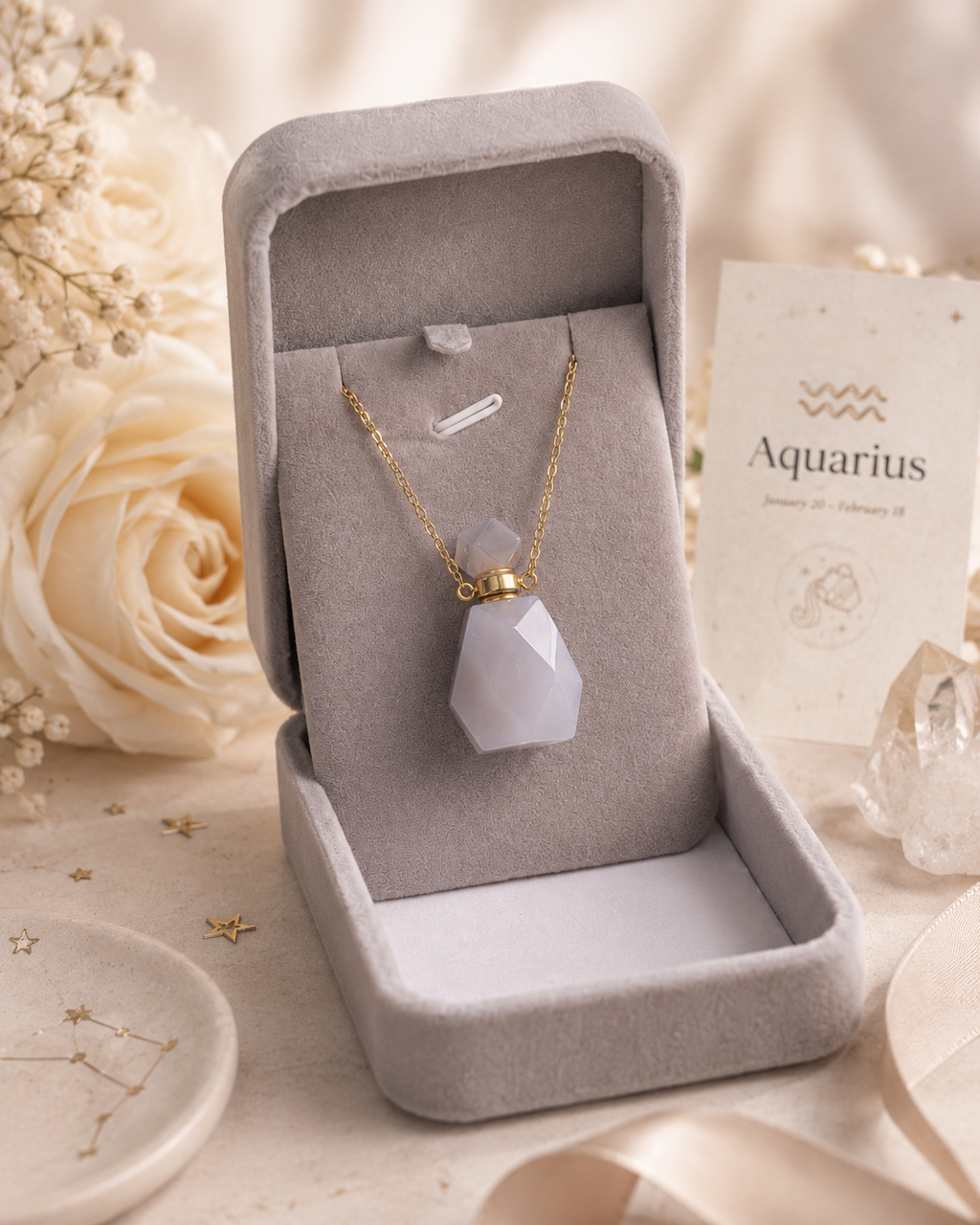 Aquarius Zodiac Crystal Gift Set | Grey Agate Perfume Bottle Pendant Necklace & Beaded Bracelet Kit, Astrology Birthday Gift for Women