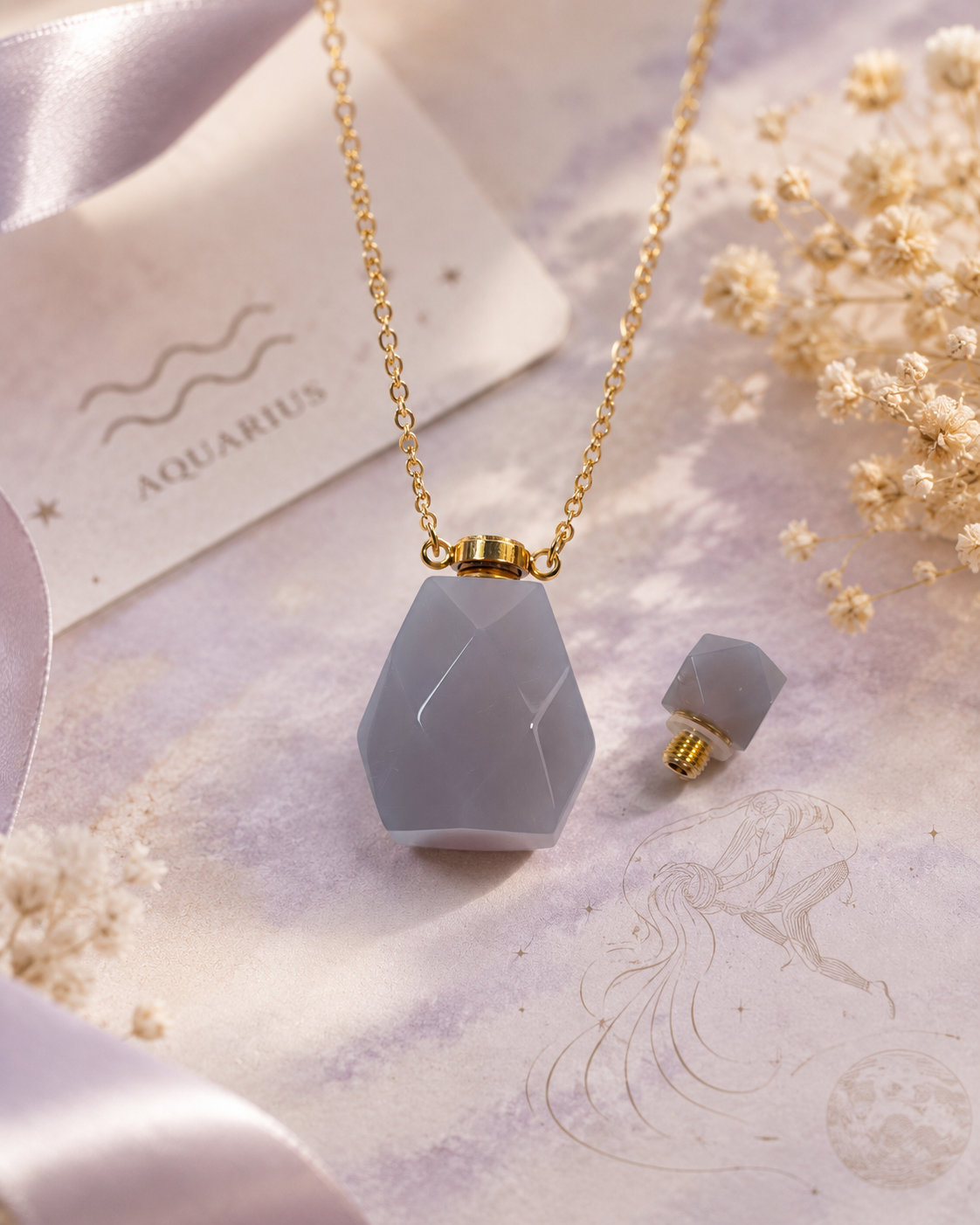 Aquarius Zodiac Crystal Gift Set | Grey Agate Perfume Bottle Pendant Necklace & Beaded Bracelet Kit, Astrology Birthday Gift for Women