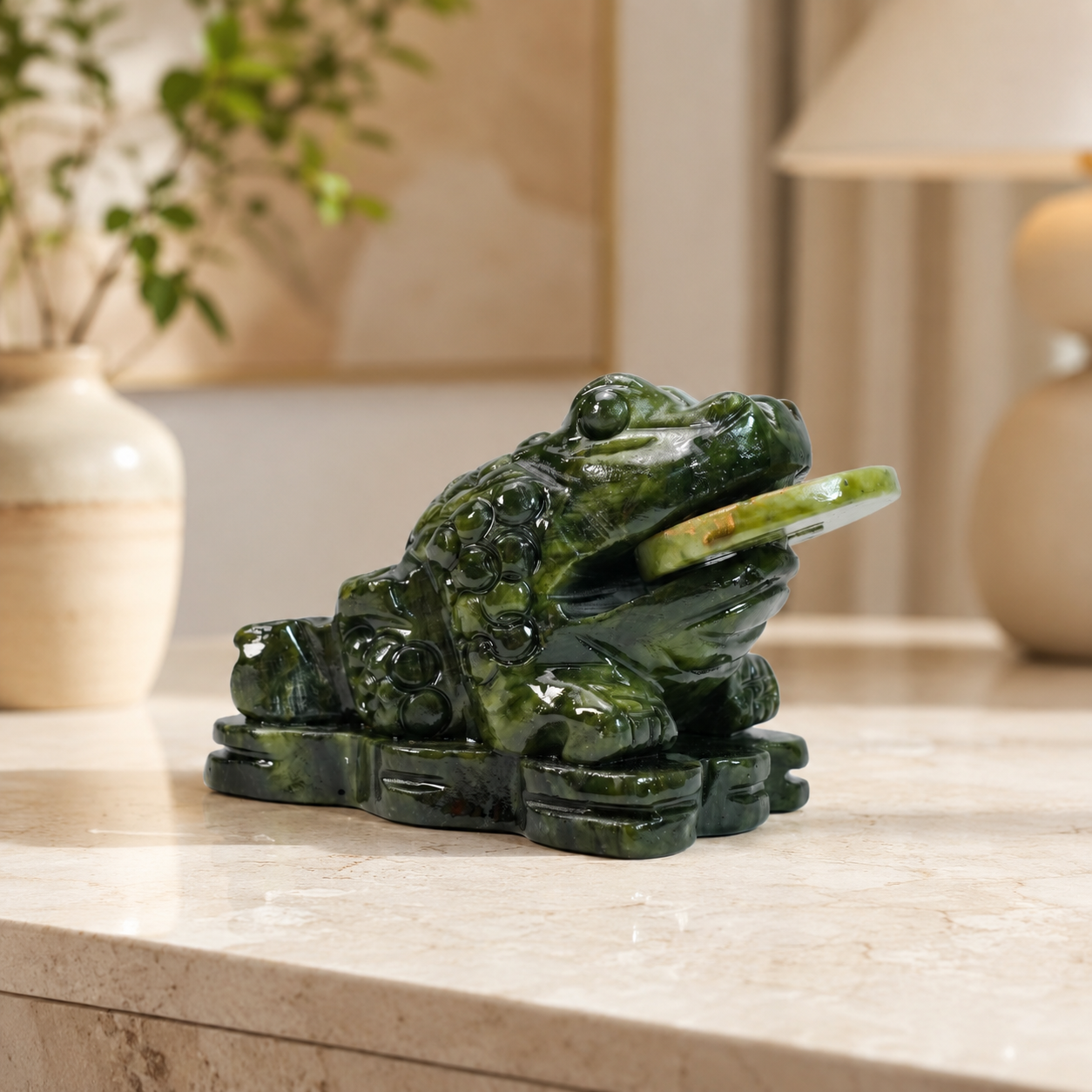 Natural Green Jade Money Frog Statue - Feng Shui Chan Chu for Wealth & Prosperity, 4.3" Hand-Carved Crystal Toad Figurine for Home Office Luck