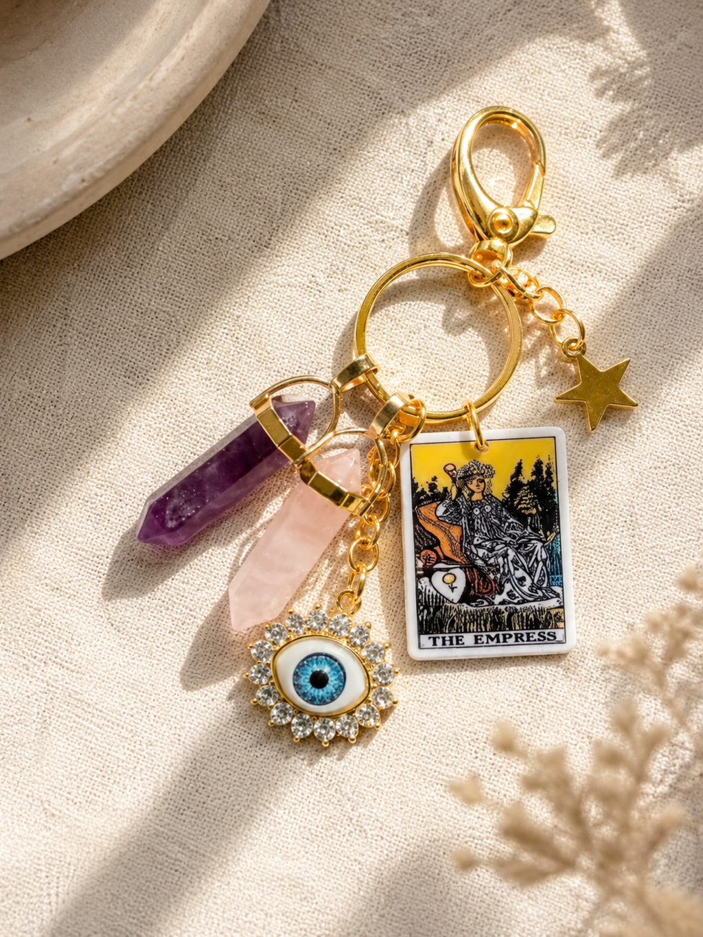 Tarot Crystal Keychain - The Lovers / The Empress / The High Priestess - Rose Quartz Love Charm