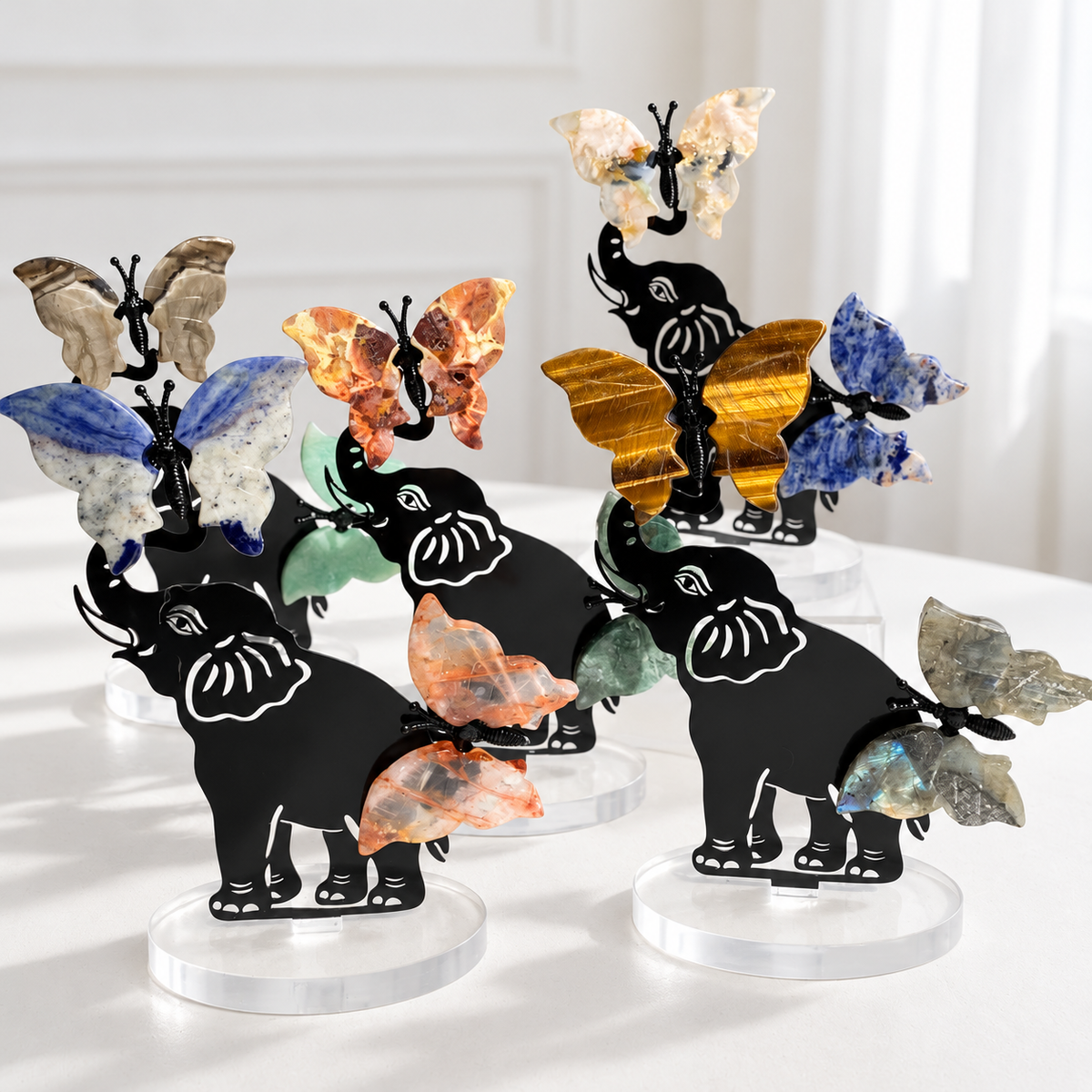 Natural Crystal Butterfly on Metal Elephant Stand, Handmade Crystal Elephant Figurine, Healing Crystal Ornament for Home Decor & Spiritual Gift