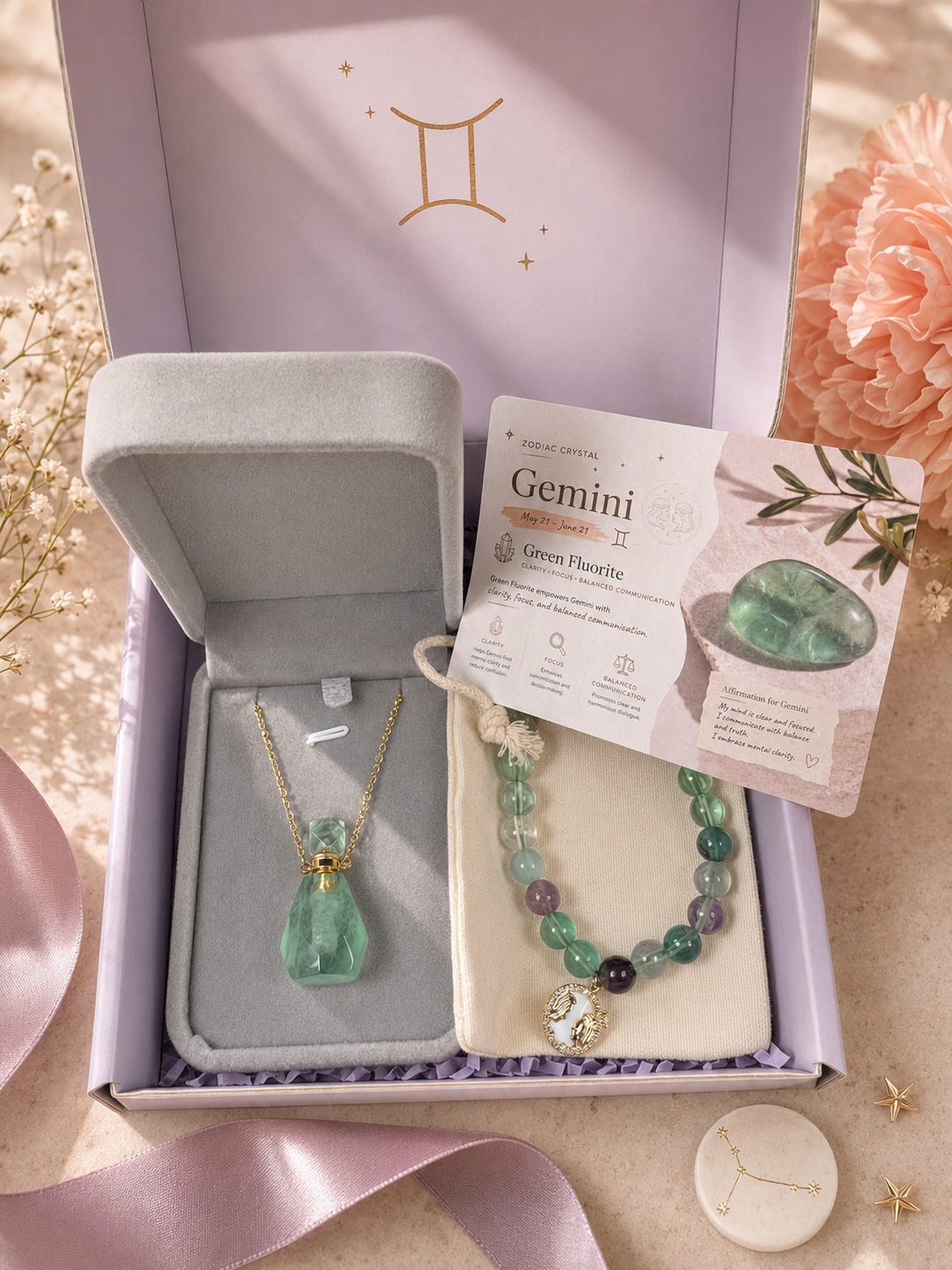 Zodiac Crystal Jewelry Gift Set | Matching Bracelet & Perfume Bottle Necklace, 12 Star Signs Available