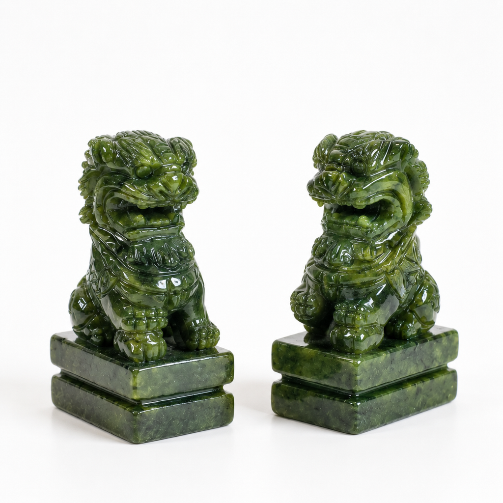 Pair Natural Xiuyu Jade Fu Foo Dog Statues, Chinese Guardian Lion Stone Carving Set, Auspicious Green Jade Lion Figurines Home Decor Ornament