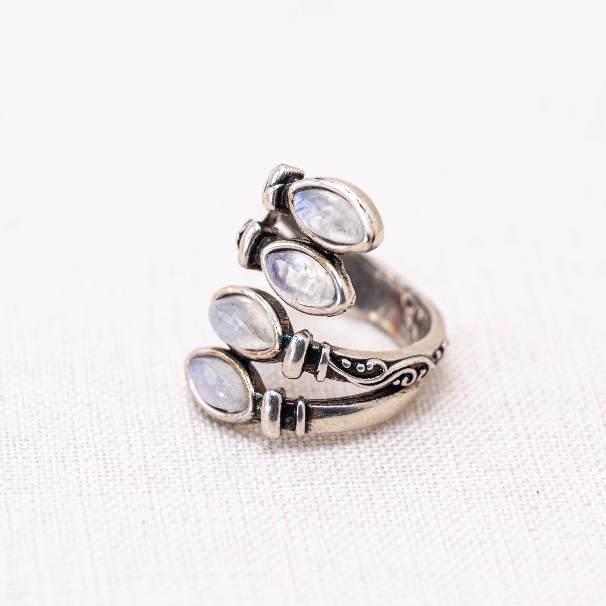 Blue Moonstone Ring with a soft, ethereal glow.