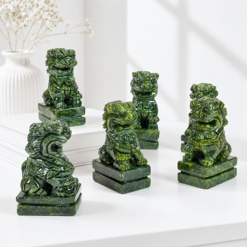 Pair Natural Xiuyu Jade Fu Foo Dog Statues, Chinese Guardian Lion Stone Carving Set, Auspicious Green Jade Lion Figurines Home Decor Ornament