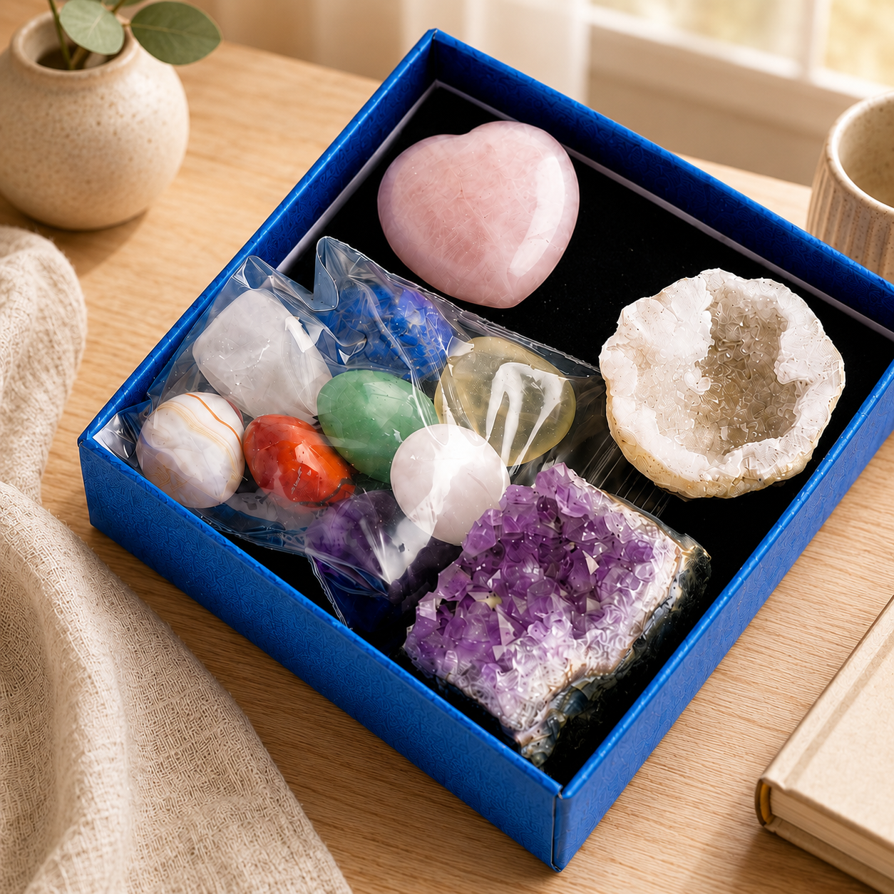 Natural Healing Crystal Gift Box Kit, Rose Quartz Heart Palm Stone, Amethyst Cluster, Clear Quartz Geode Agate, 7 Chakra Polished Tumbled Stones Set For Meditation, Home Desk Decor, Valentine’s Day Jewelry Making Gift