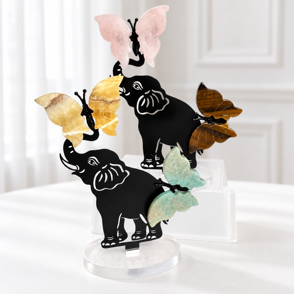 Natural Crystal Butterfly on Metal Elephant Stand, Handmade Crystal Elephant Figurine, Healing Crystal Ornament for Home Decor & Spiritual Gift